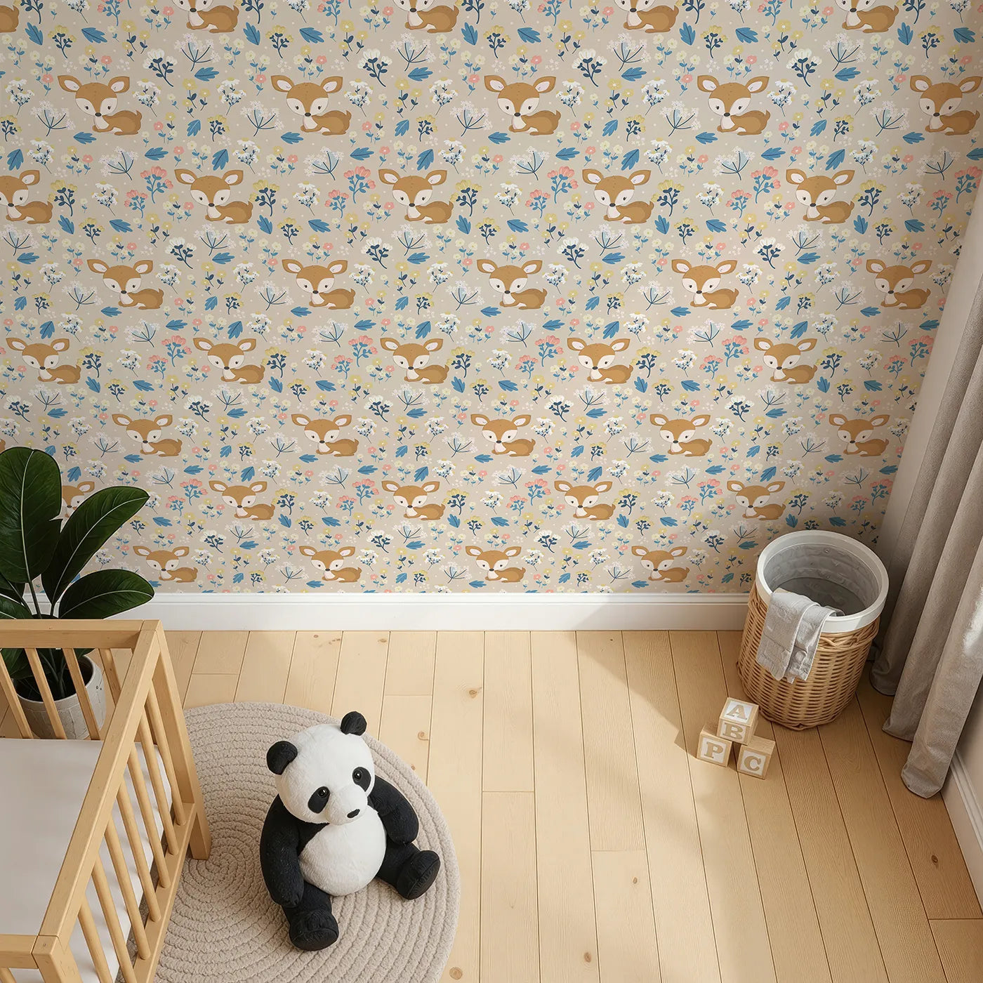 Top-Down view of Whimsy Tots' Meadow Cuddles Deer Wallpaper in Petal Pink (W3059C).Blossoming florals and cuddly baby deer on a gentle petal pink field.