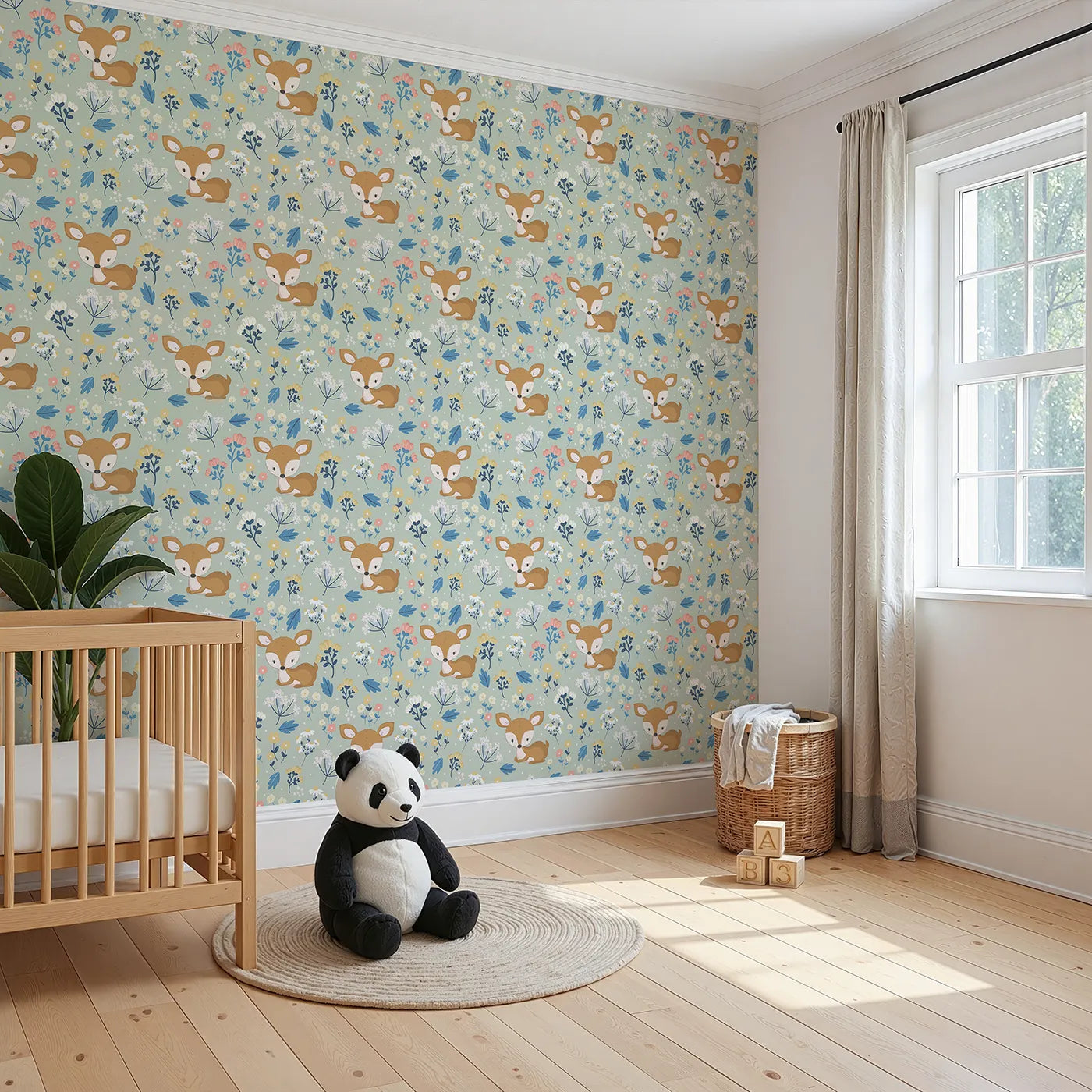 Angled view of Whimsy Tots' Meadow Cuddles Deer Wallpaper in Mint Green (W3059D).Resting deer and blooming wildflowers on a soft mint green field.