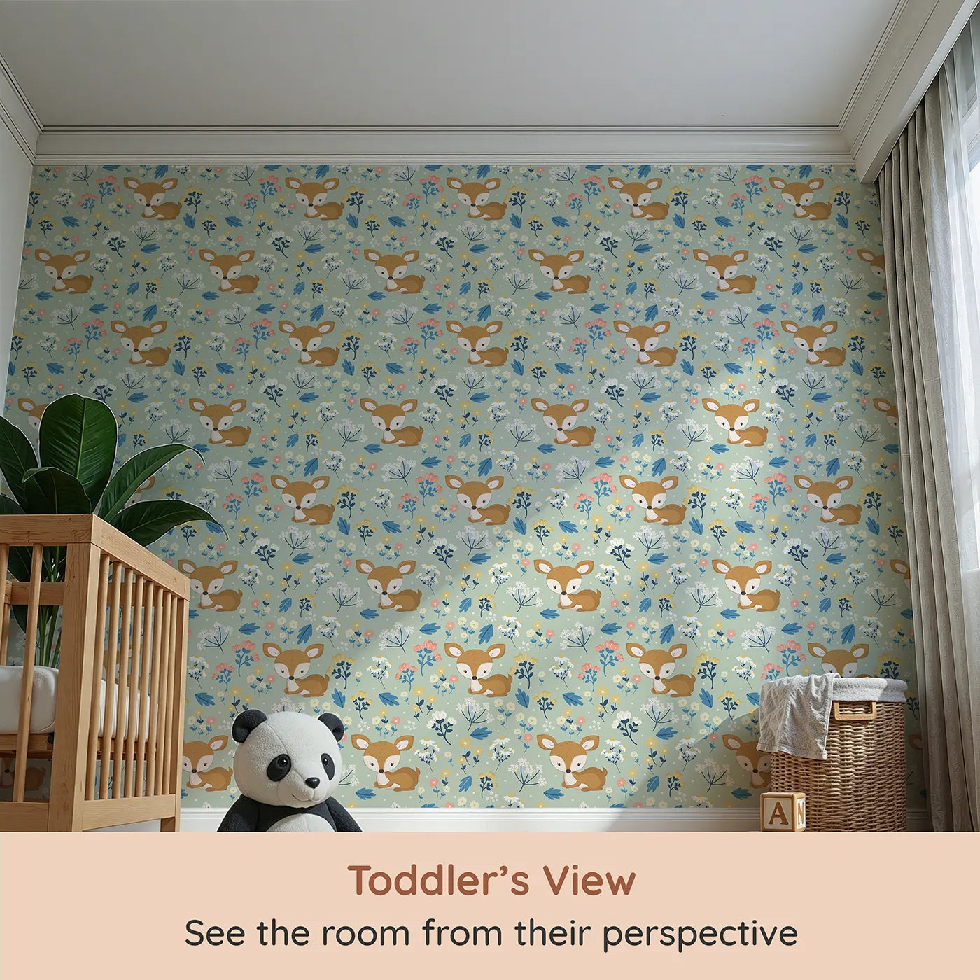 Whimsy Tots Meadow Cuddles Deer Wallpaper in Mint Green (W3059D) from your child's view.Resting deer and blooming wildflowers on a soft mint green field.