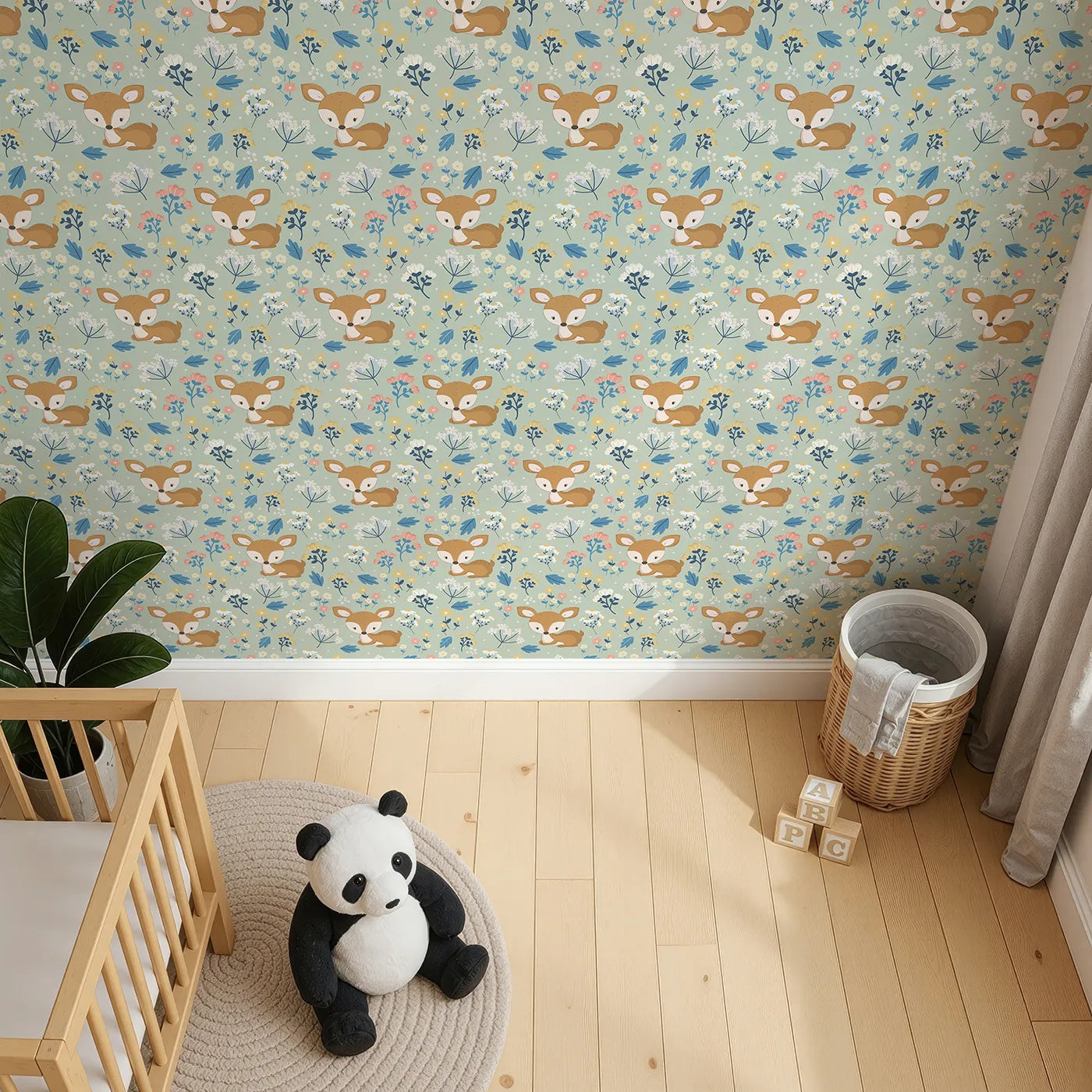 Top-Down view of Whimsy Tots' Meadow Cuddles Deer Wallpaper in Mint Green (W3059D).Resting deer and blooming wildflowers on a soft mint green field.