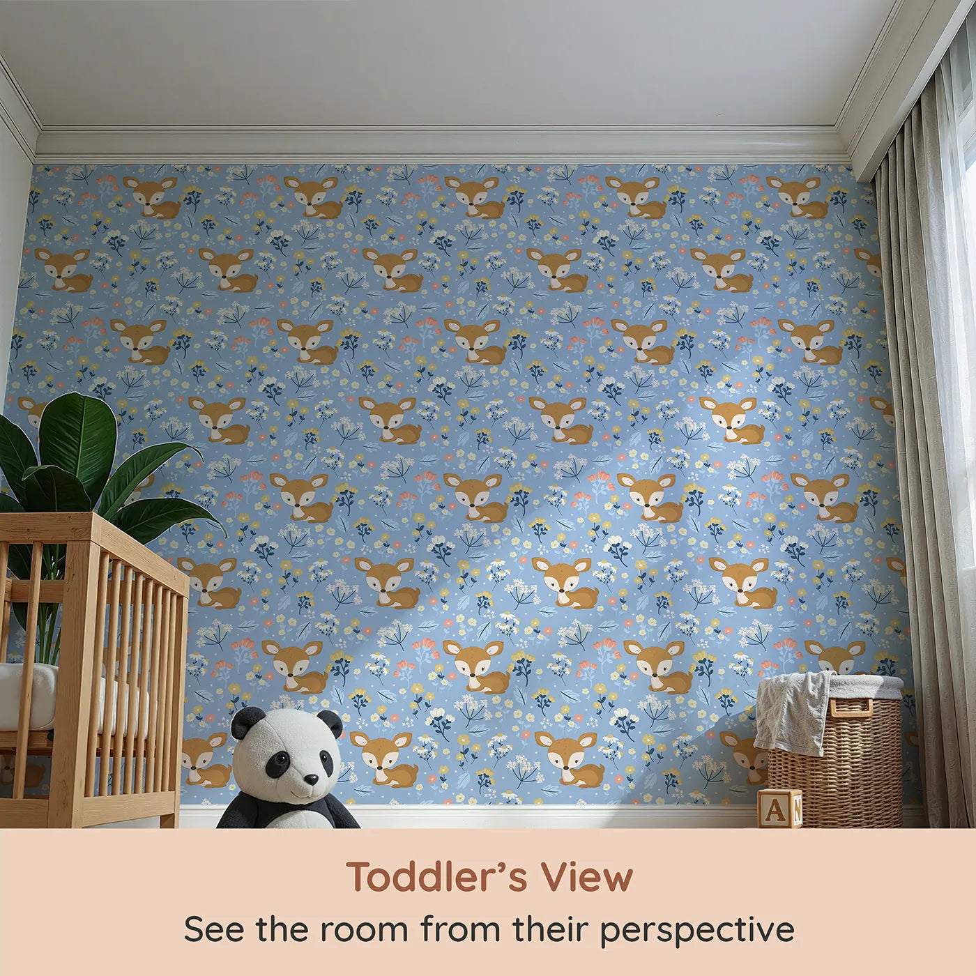 Whimsy Tots Meadow Cuddles Deer Wallpaper in Cornflower Blue (W3059E) from your child's view.Quiet baby deer rest beneath blossoms on a cool cornflower blue background.