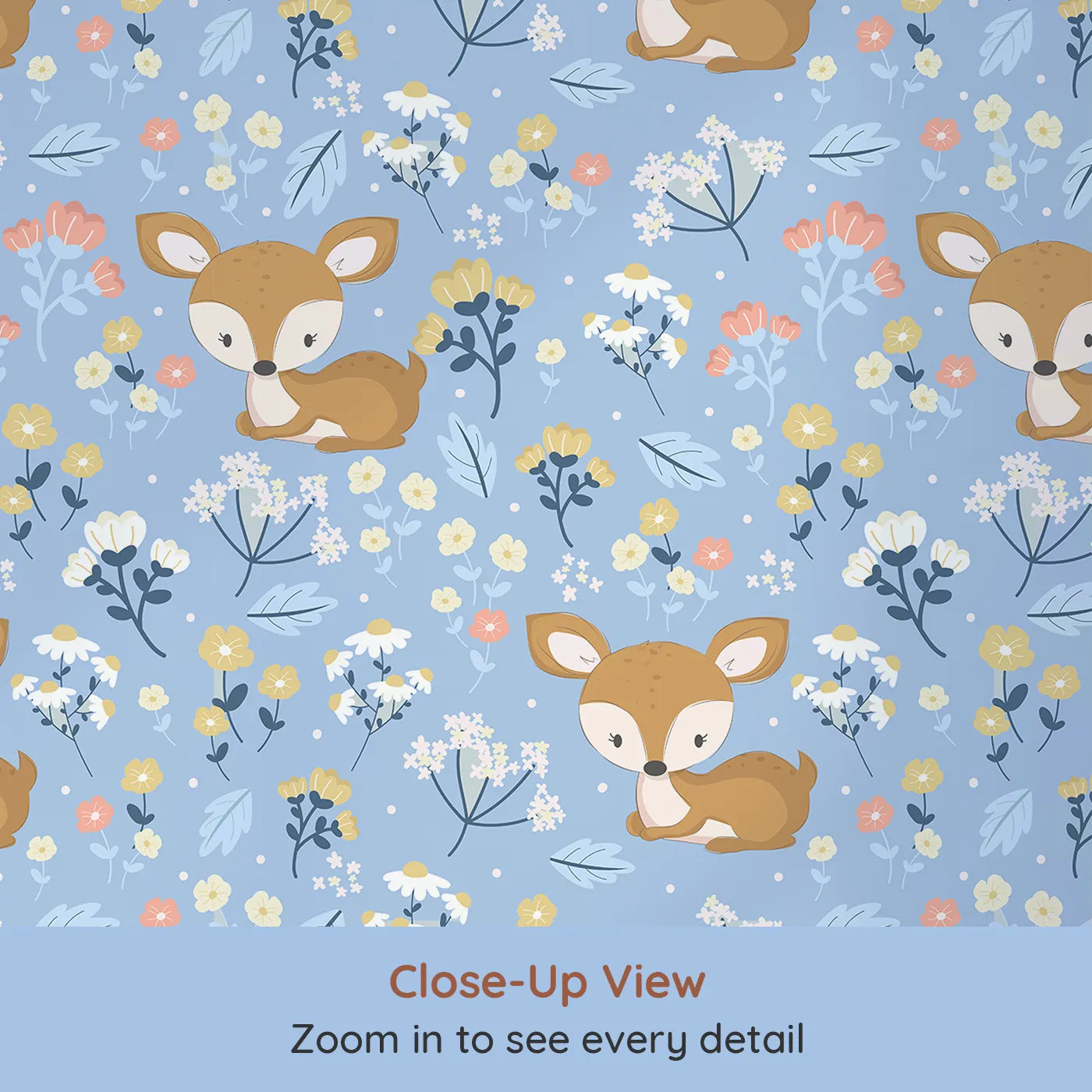 Close-up view of Whimsy Tots' Meadow Cuddles Deer Wallpaper in Cornflower Blue (W3059E).Quiet baby deer rest beneath blossoms on a cool cornflower blue background.