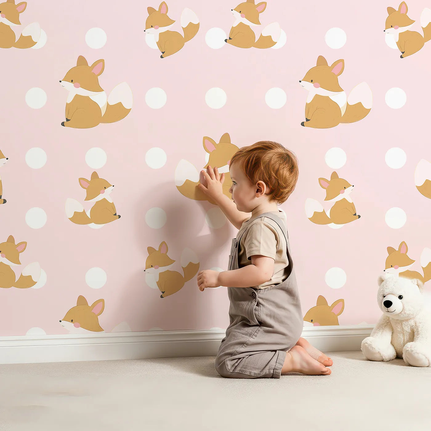 Lovely child standing in front of Whimsy Tots Polka Pals Fox Wallpaper in Soft Blush Pink with fox, polka dot, tail, animal in design.