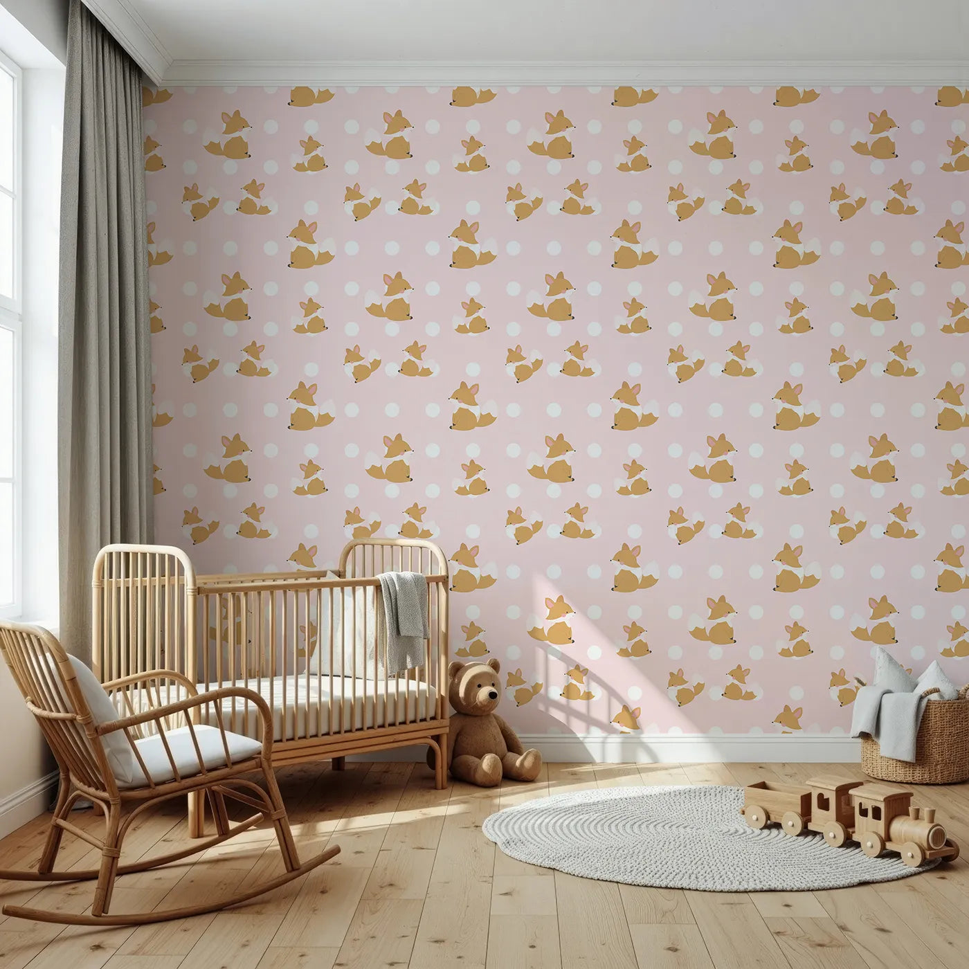 Front view of Whimsy Tots' Polka Pals Fox Wallpaper in Soft Blush Pink