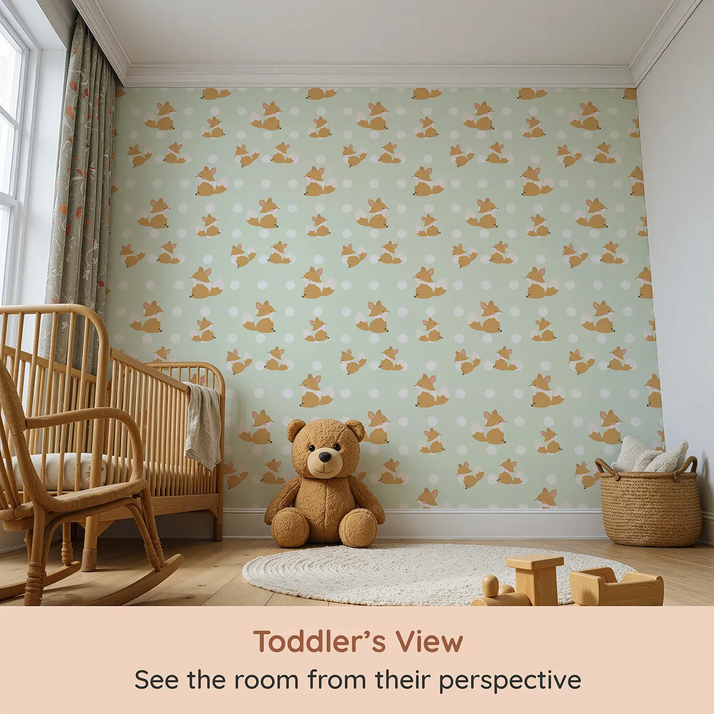 Whimsy Tots Polka Pals Fox Wallpaper in Mint Green (W3060C) from your child's view.Adorable fox cubs frolic between soft mint green and polka dot cheer.