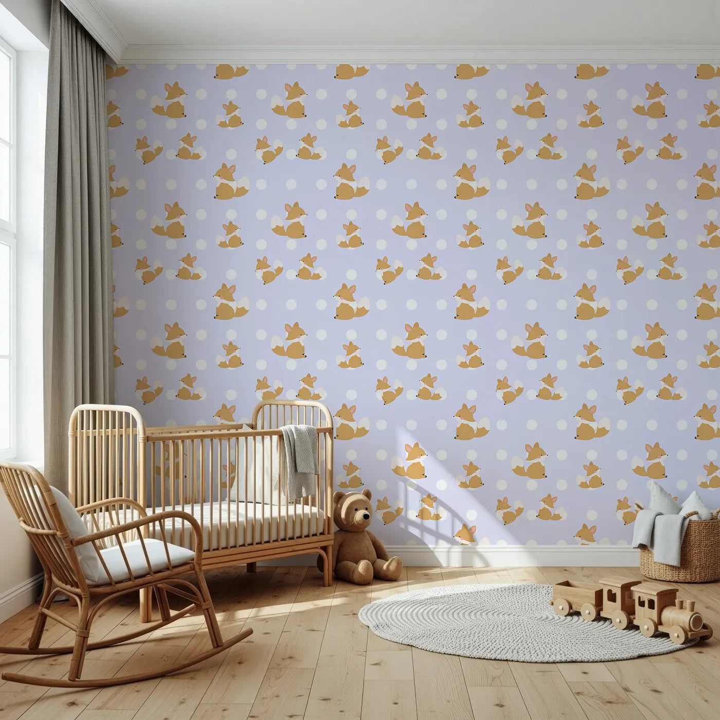 Front view of Whimsy Tots' Polka Pals Fox Wallpaper in Lavender Mist
