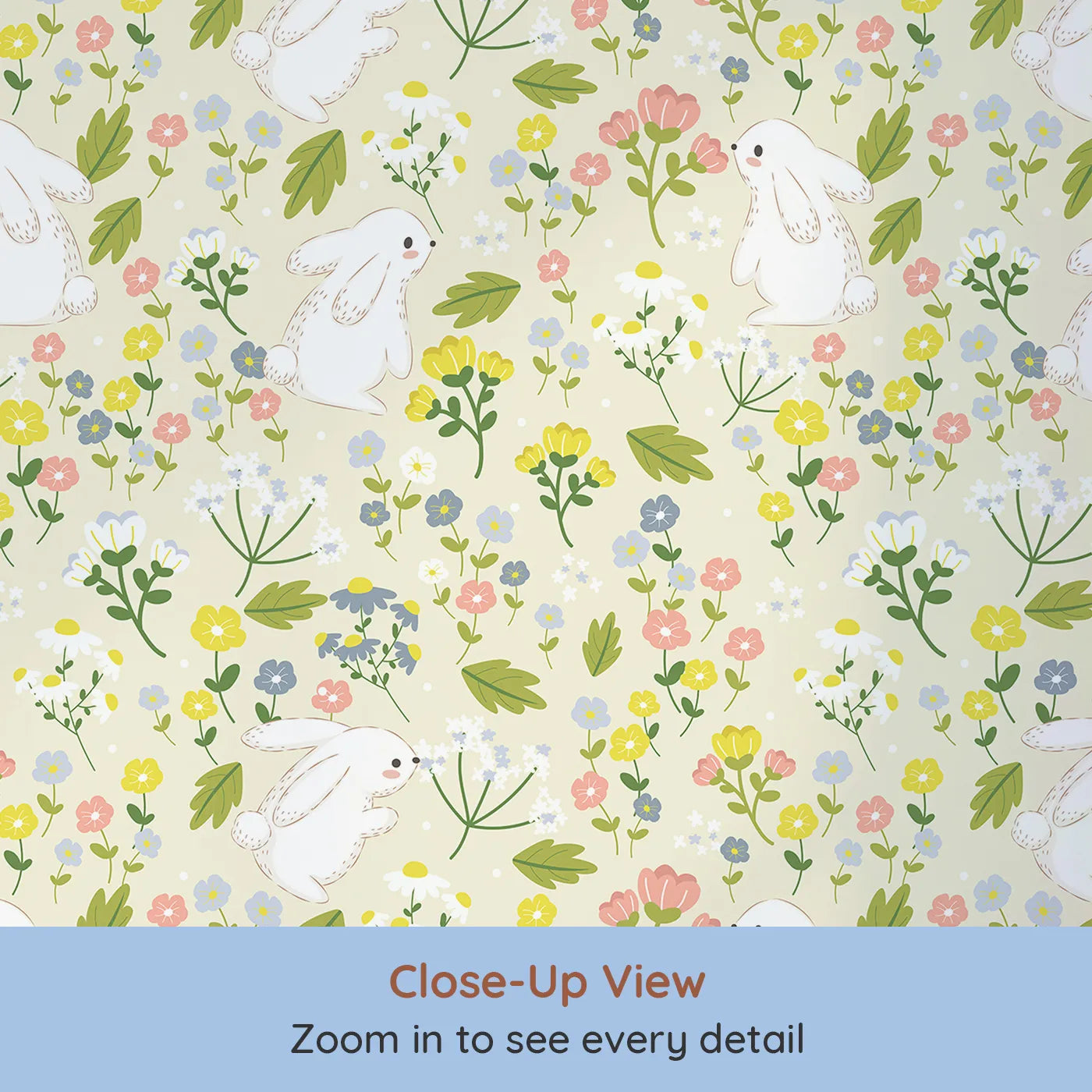 Close-up view of Whimsy Tots' Bloomy Bunny Meadow Wallpaper in Buttercream (W3061A).White bunnies play among cheerful wildflowers and buttery cream skies.
