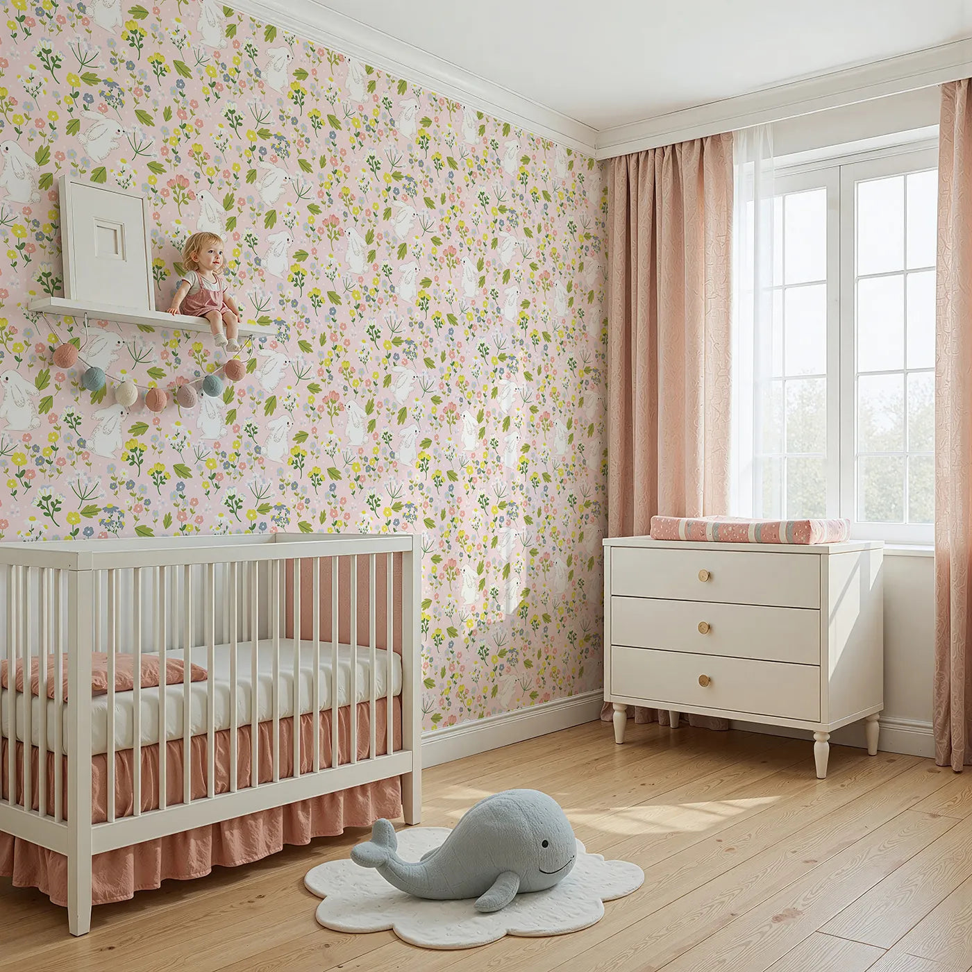 Angled view of Whimsy Tots' Bloomy Bunny Meadow Wallpaper in Petal Pink (W3061B).White bunnies frolic through blooming pink fields of daisies and wildflowers.