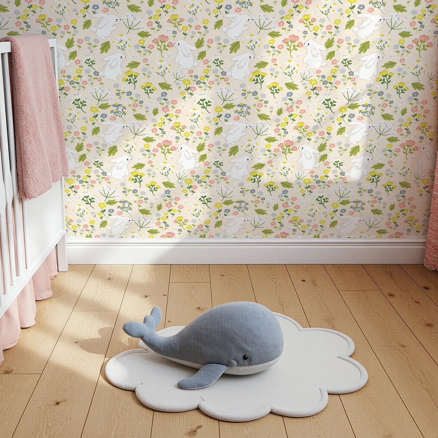 Top-Down view of Whimsy Tots' Bloomy Bunny Meadow Wallpaper in Oat Beige (W3061C).White bunnies explore flower-filled fields on a cozy oat beige backdrop.