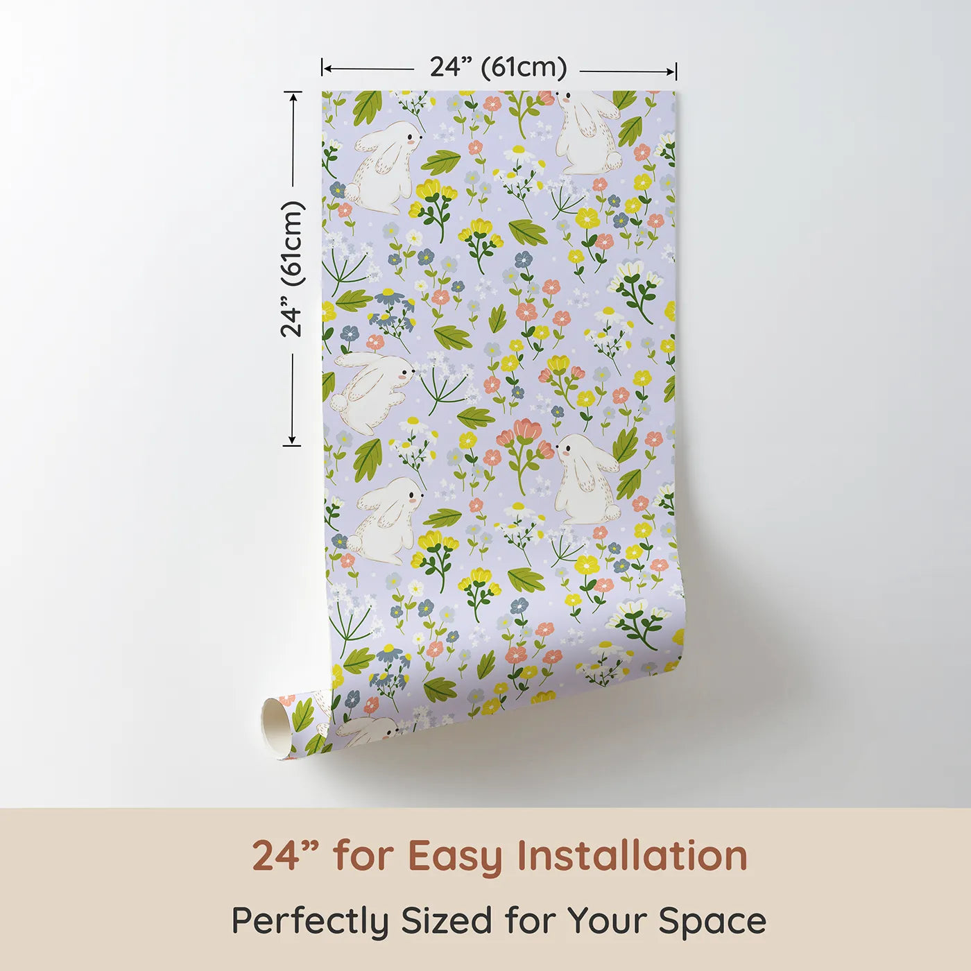 Dimension view of Whimsy Tots Bloomy Bunny Meadow Wallpaper in Lavender Mist (W3061E). Printed in 24-inch-wide panel for easy installation. Gentle bunnies and pastel blooms dance across a soft lavender mist field.