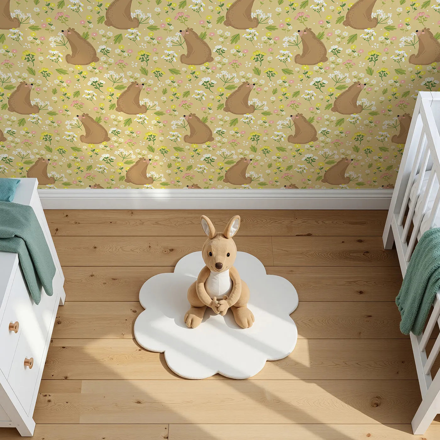 Top-Down view of Whimsy Tots' Blossom Bear Meadow Wallpaper in Honey Gold (W3062A).Chubby brown bears sniff wildflowers under a golden honey sky.