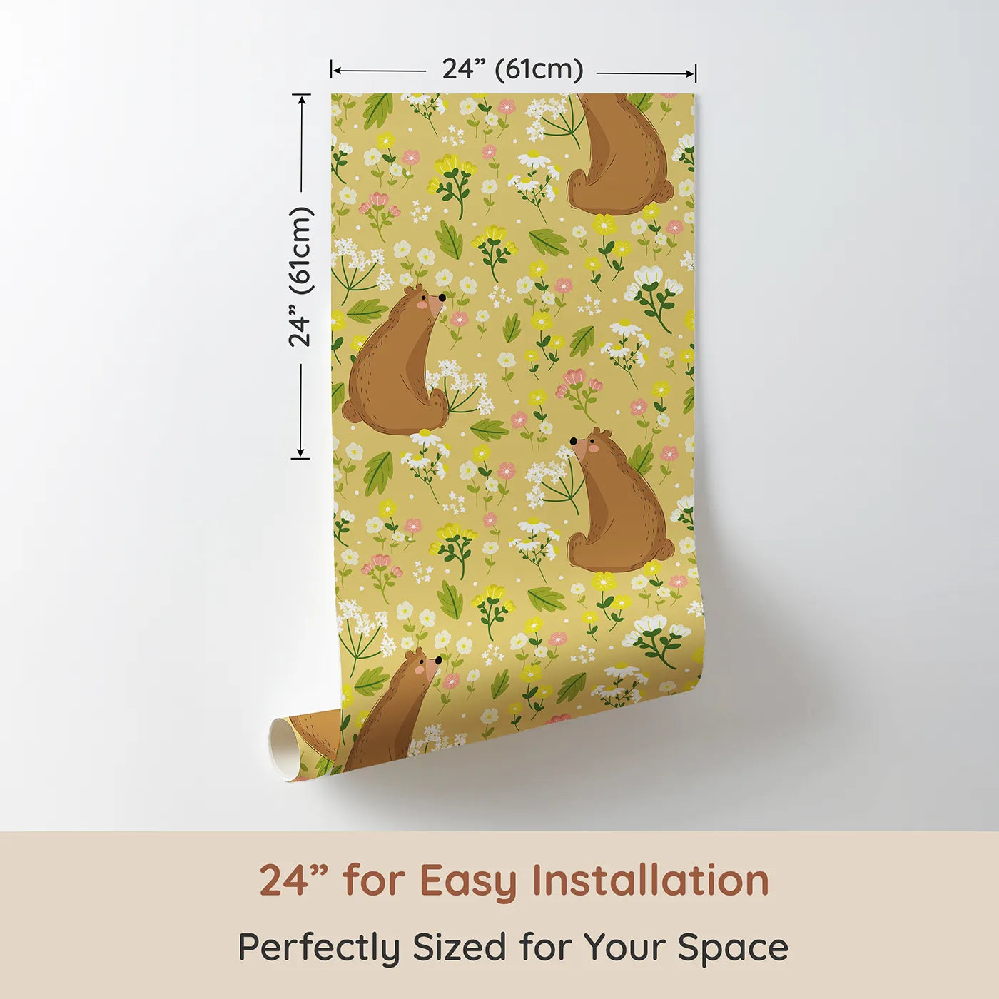 Dimension view of Whimsy Tots Blossom Bear Meadow Wallpaper in Honey Gold (W3062A). Printed in 24-inch-wide panel for easy installation. Chubby brown bears sniff wildflowers under a golden honey sky.