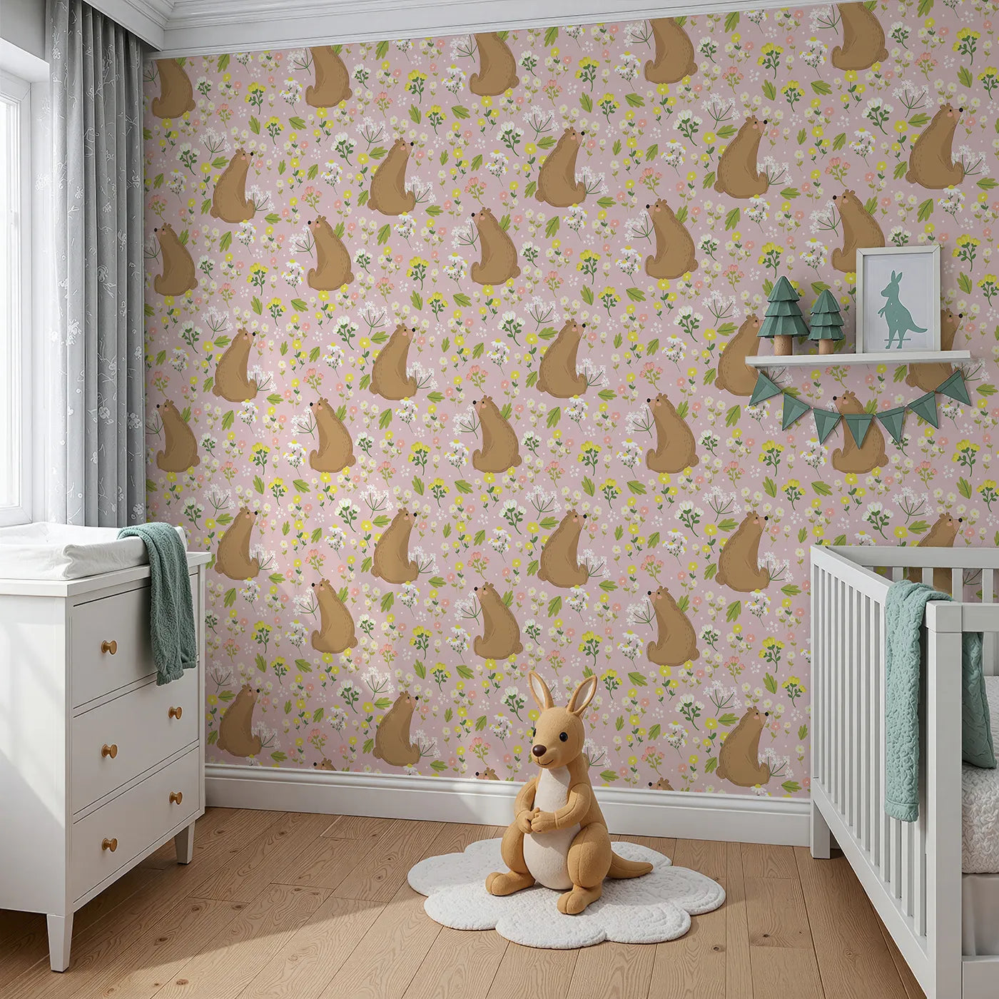 Angled view of Whimsy Tots' Blossom Bear Meadow Wallpaper in Blush Rose Pink (W3062B).Gentle bears and pastel florals frolic across soft blush rose fields.
