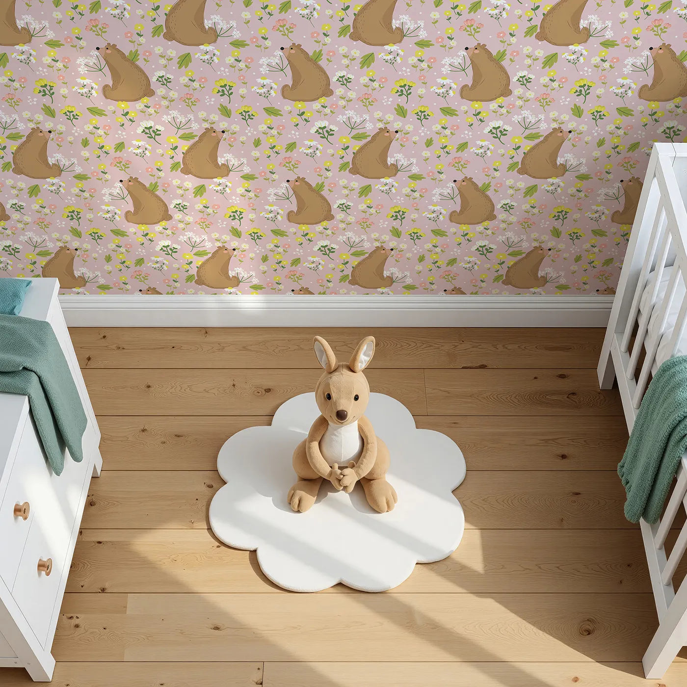 Top-Down view of Whimsy Tots' Blossom Bear Meadow Wallpaper in Blush Rose Pink (W3062B).Gentle bears and pastel florals frolic across soft blush rose fields.
