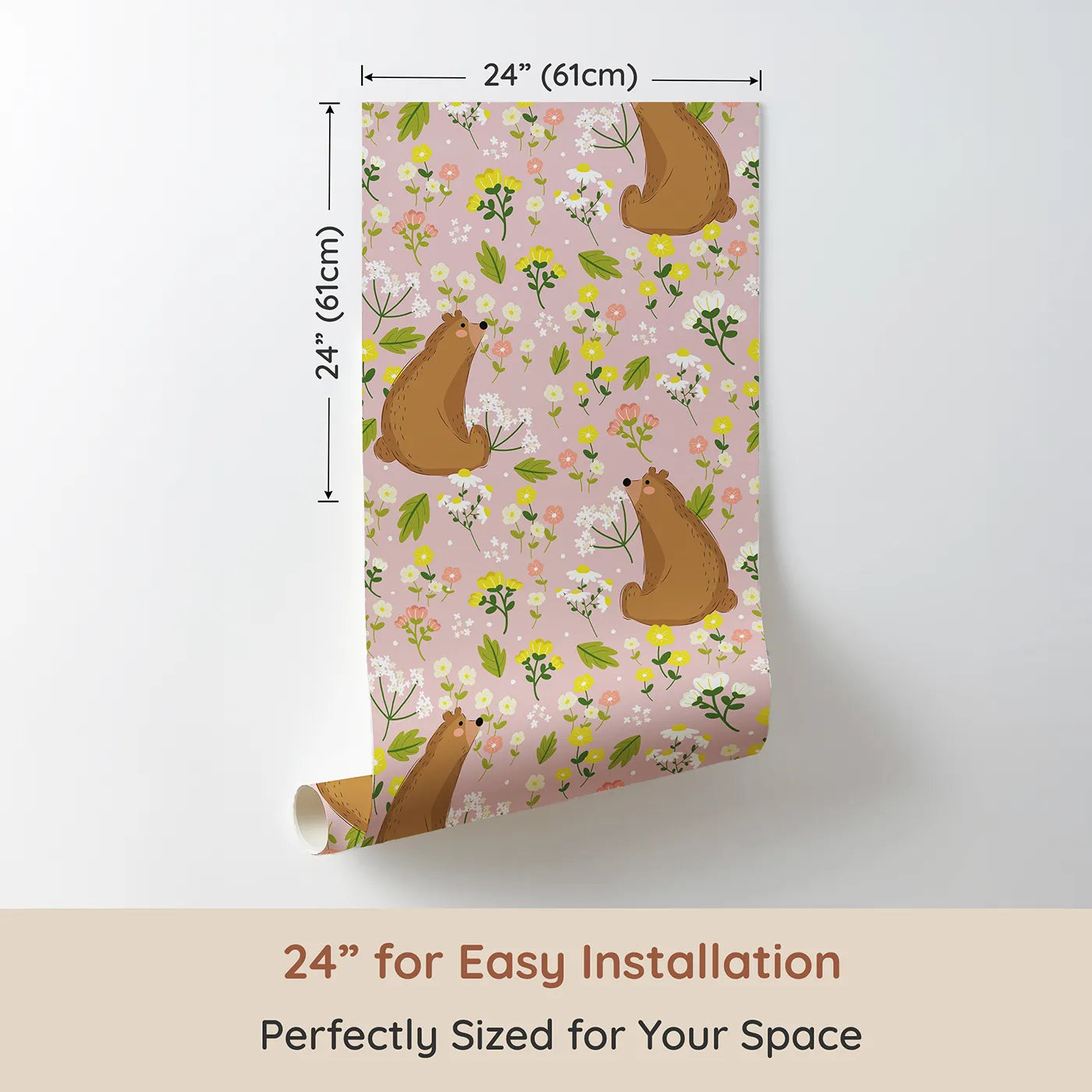 Dimension view of Whimsy Tots Blossom Bear Meadow Wallpaper in Blush Rose Pink (W3062B). Printed in 24-inch-wide panel for easy installation. Gentle bears and pastel florals frolic across soft blush rose fields.