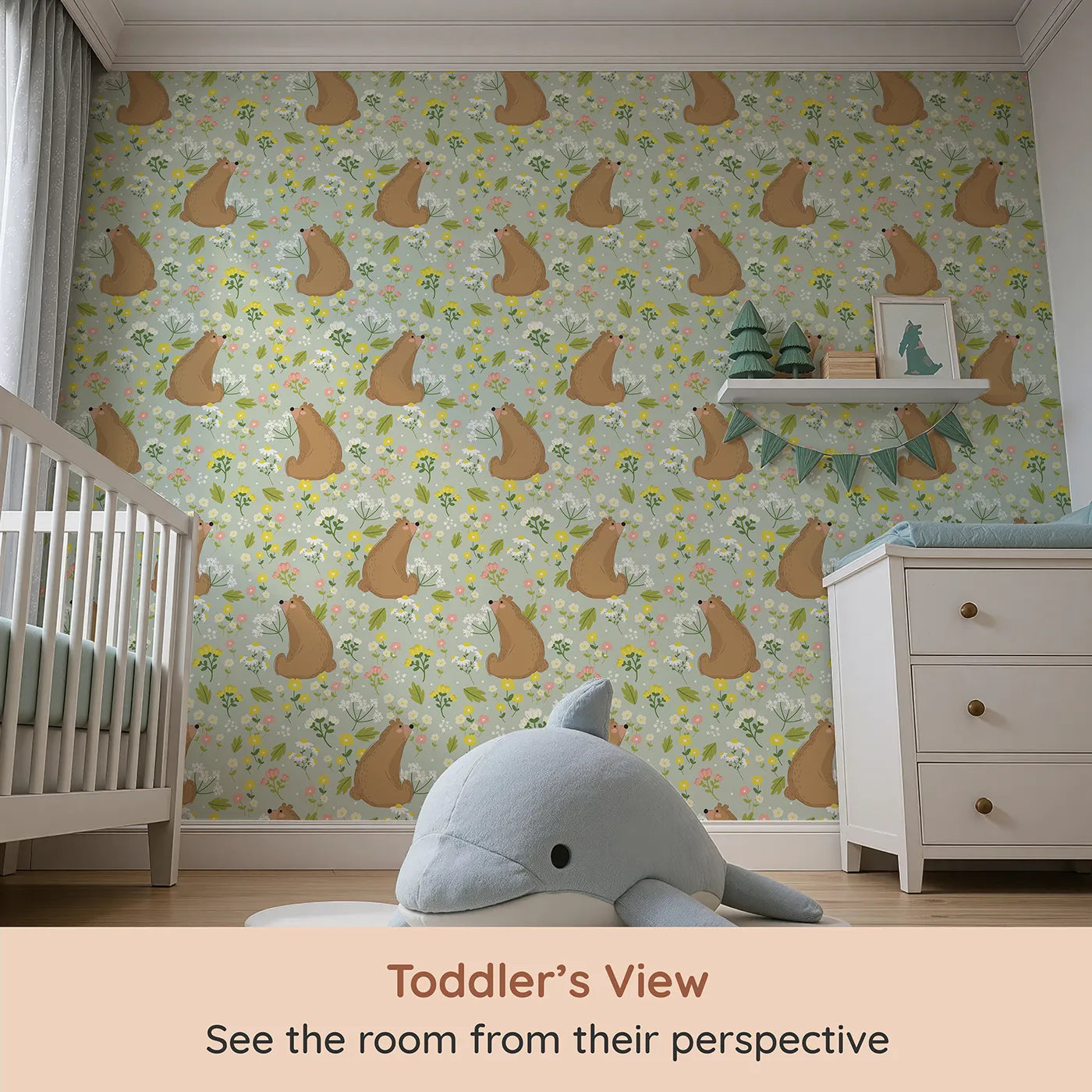 Whimsy Tots Blossom Bear Meadow Wallpaper in Soft Sage Green (W3062C) from your child's view.Woodland bears and meadow blooms rest upon a gentle sage green field.