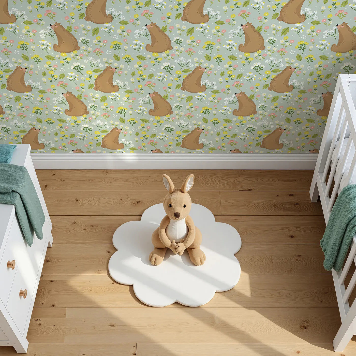 Top-Down view of Whimsy Tots' Blossom Bear Meadow Wallpaper in Soft Sage Green (W3062C).Woodland bears and meadow blooms rest upon a gentle sage green field.