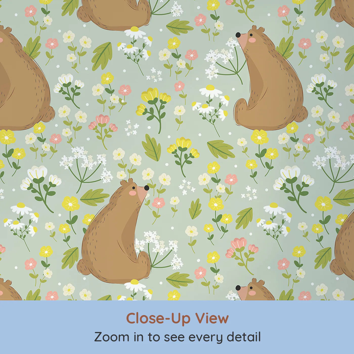 Close-up view of Whimsy Tots' Blossom Bear Meadow Wallpaper in Soft Sage Green (W3062C).Woodland bears and meadow blooms rest upon a gentle sage green field.