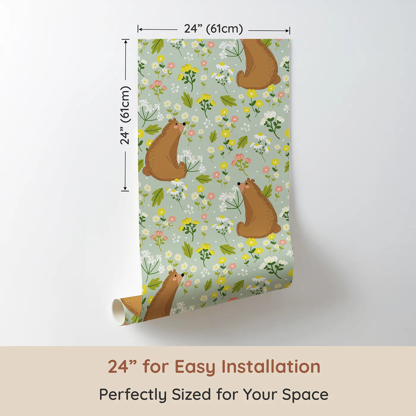 Dimension view of Whimsy Tots Blossom Bear Meadow Wallpaper in Soft Sage Green (W3062C). Printed in 24-inch-wide panel for easy installation. Woodland bears and meadow blooms rest upon a gentle sage green field.
