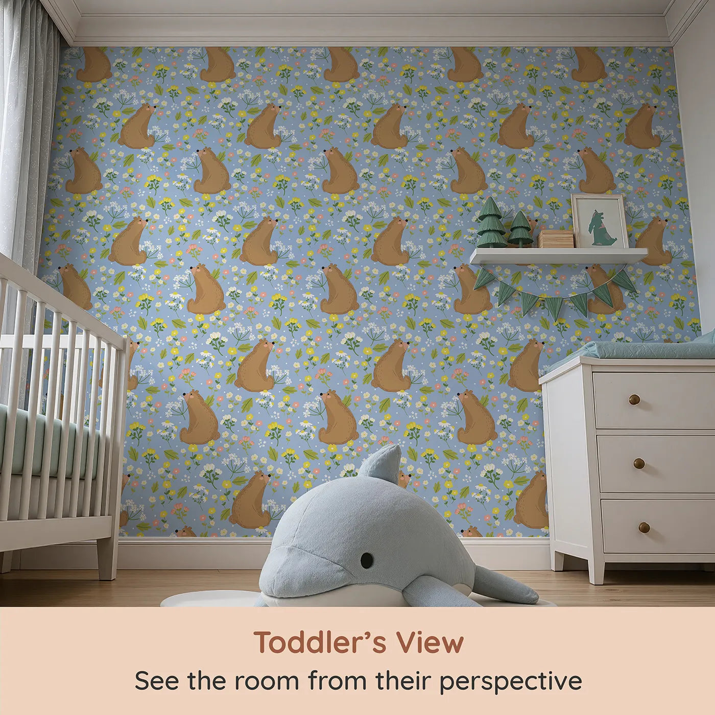Whimsy Tots Blossom Bear Meadow Wallpaper in Bluebell Sky (W3062D) from your child's view.Playful brown bears sniff blossoms beneath a cheery blue sky.