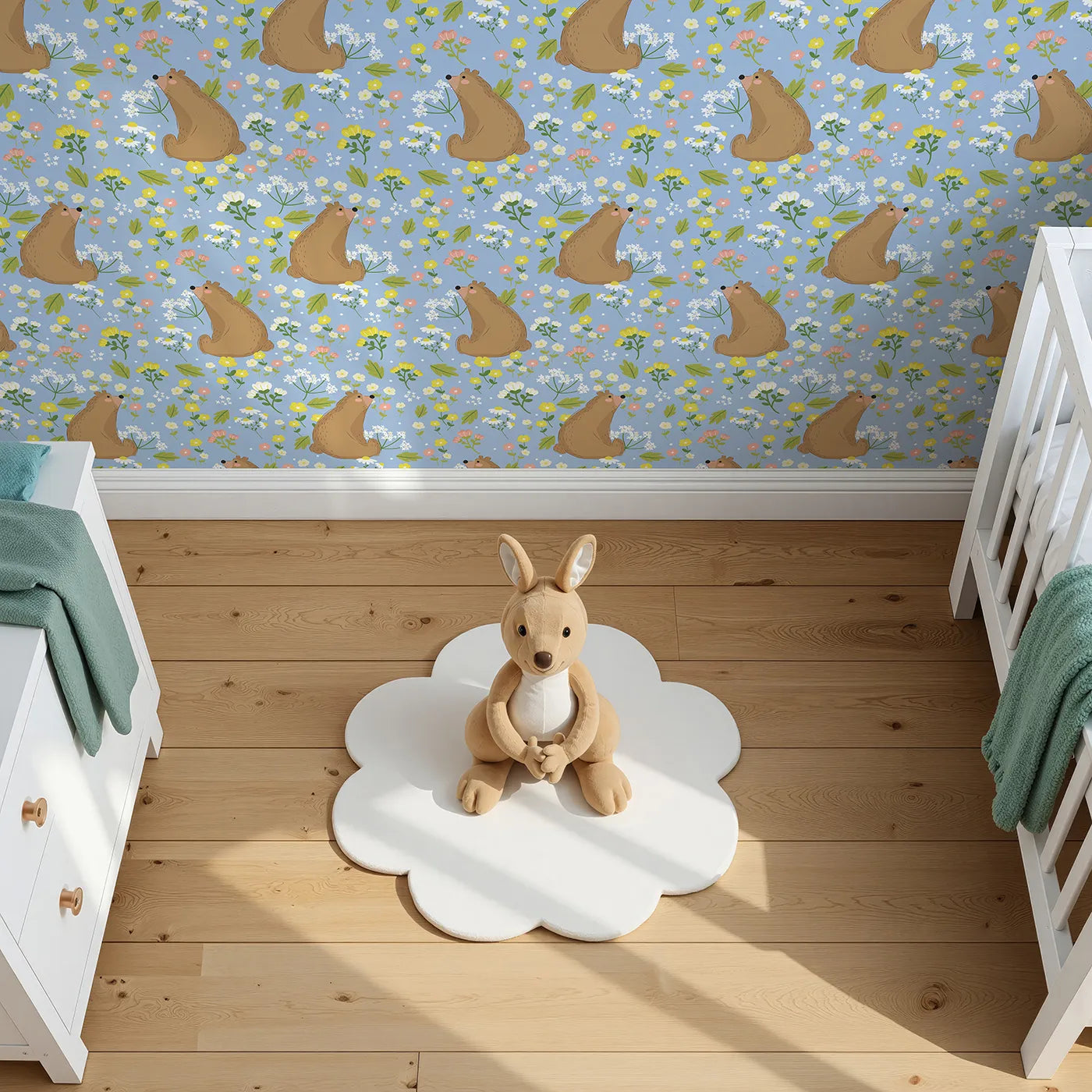 Top-Down view of Whimsy Tots' Blossom Bear Meadow Wallpaper in Bluebell Sky (W3062D).Playful brown bears sniff blossoms beneath a cheery blue sky.