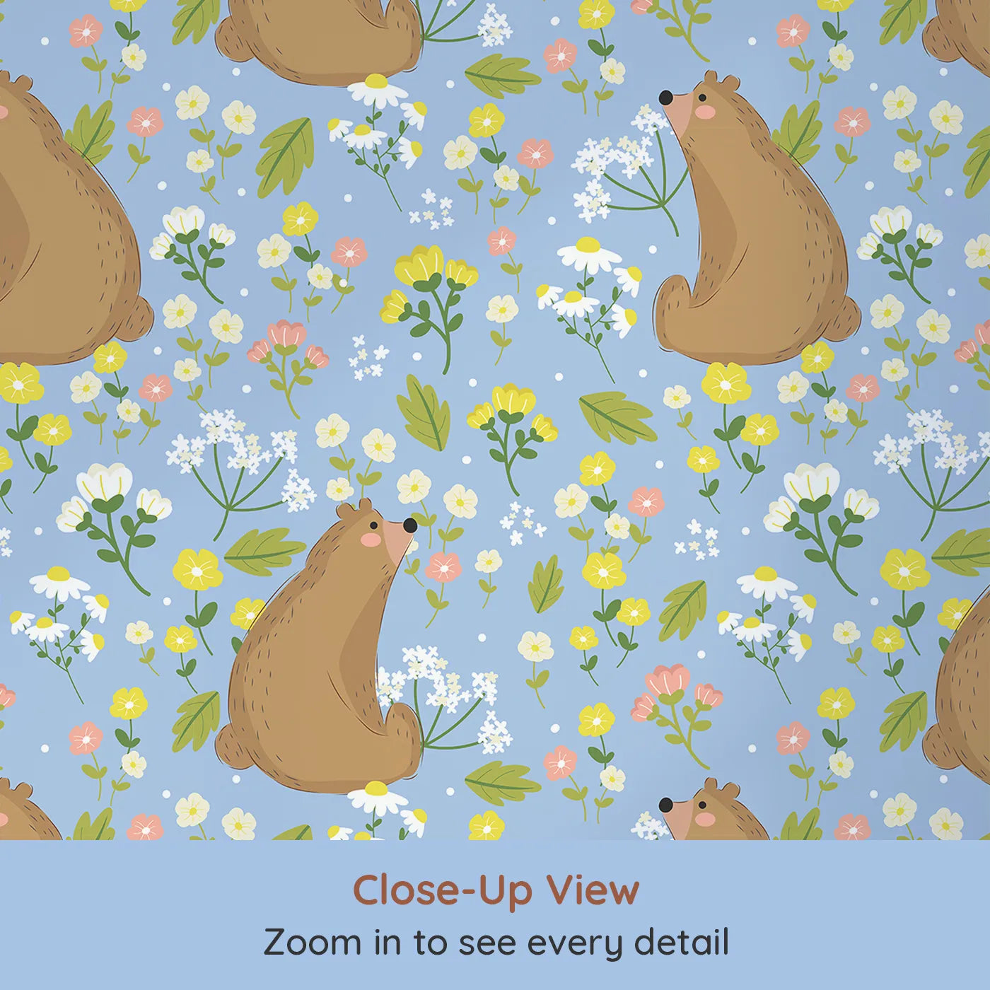 Close-up view of Whimsy Tots' Blossom Bear Meadow Wallpaper in Bluebell Sky (W3062D).Playful brown bears sniff blossoms beneath a cheery blue sky.