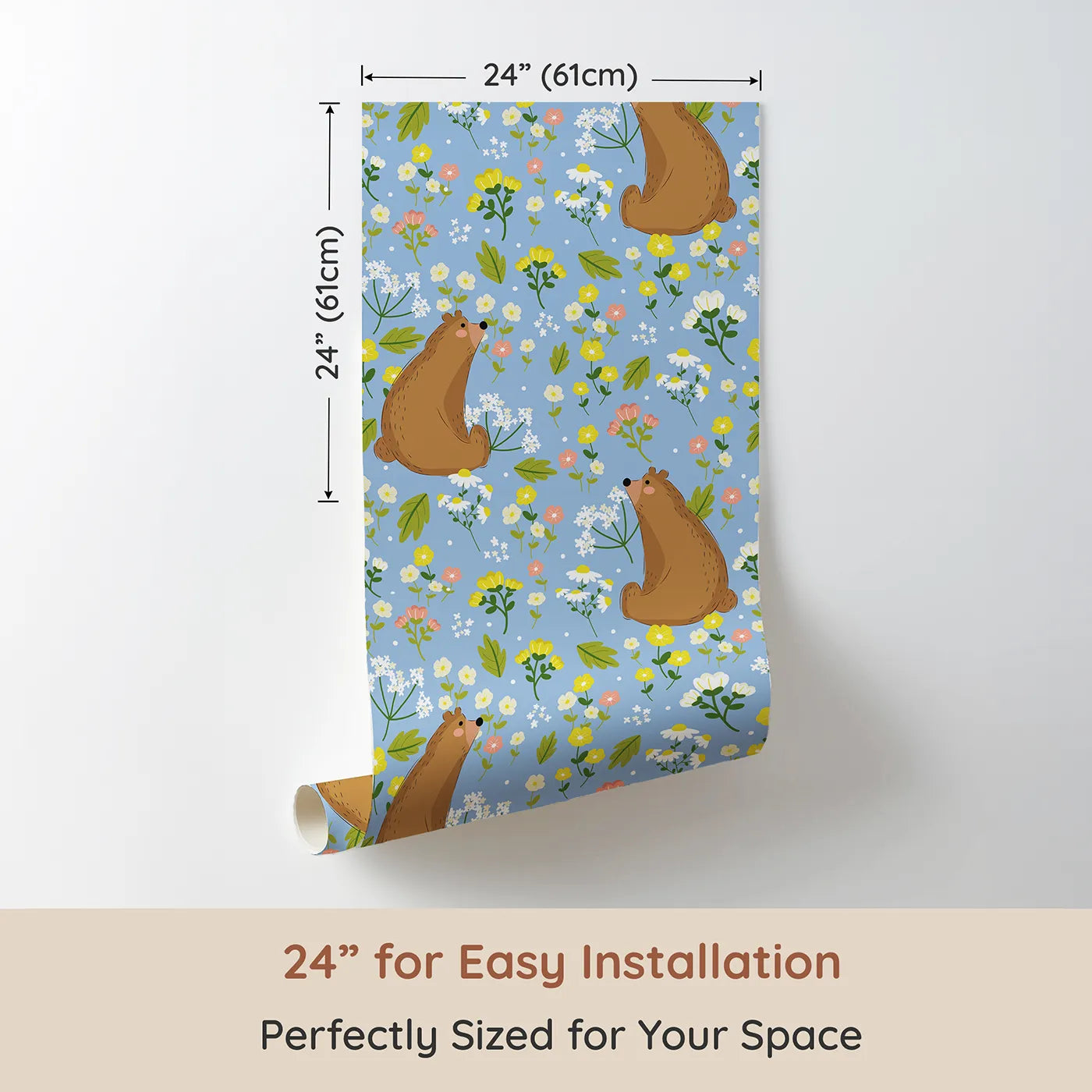 Dimension view of Whimsy Tots Blossom Bear Meadow Wallpaper in Bluebell Sky (W3062D). Printed in 24-inch-wide panel for easy installation. Playful brown bears sniff blossoms beneath a cheery blue sky.