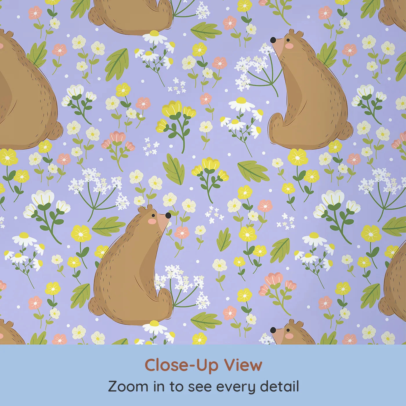 Close-up view of Whimsy Tots' Blossom Bear Meadow Wallpaper in Lavender Mist (W3062E).Gentle bears and pastel florals bloom over a soothing lavender sky.