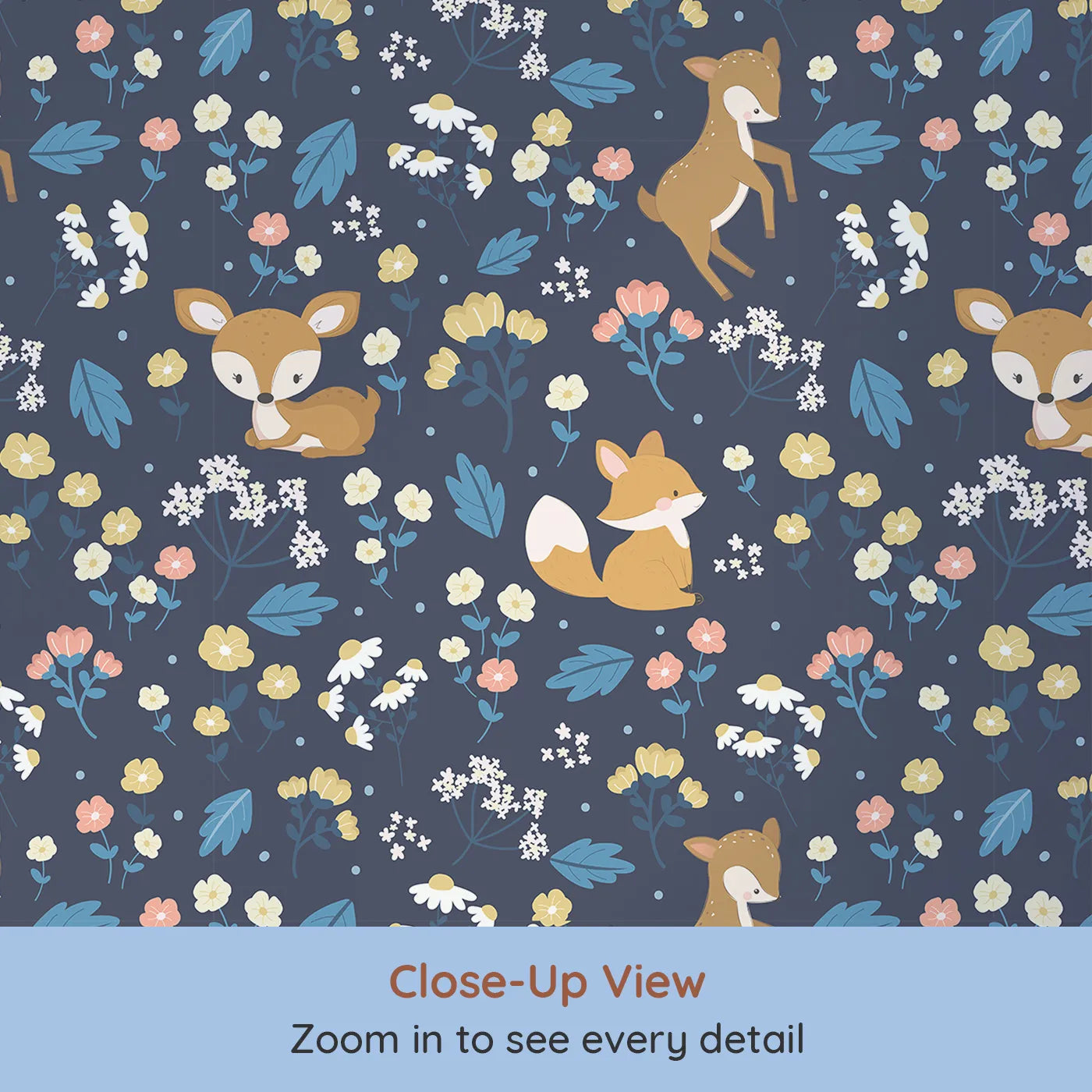 Close-up view of Whimsy Tots' Meadow Mischief Fox and Deer Wallpaper in Midnight Blue (W3063A).Curious critters and soft florals turn every wall into a woodland daydream.