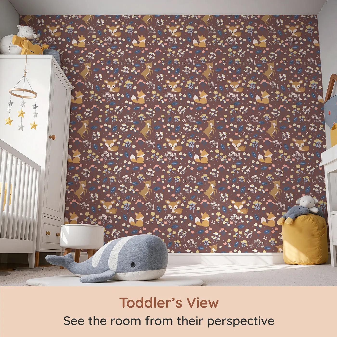 Whimsy Tots Meadow Mischief Fox and Deer Wallpaper in Chestnut Brown (W3063B) from your child's view.Sweet forest creatures and blooming meadows bring a warm hug to every wall.