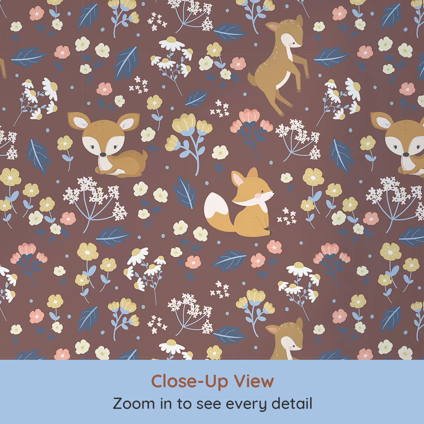 Close-up view of Whimsy Tots' Meadow Mischief Fox and Deer Wallpaper in Chestnut Brown (W3063B).Sweet forest creatures and blooming meadows bring a warm hug to every wall.