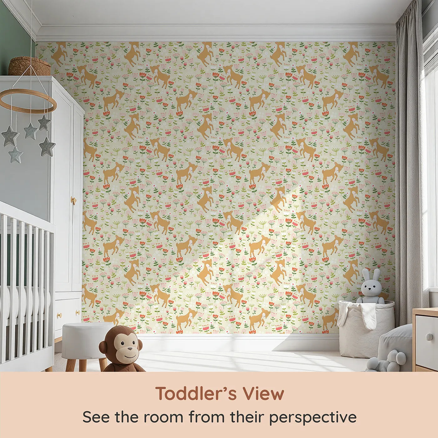 Whimsy Tots Spring Fawn Dance Wallpaper in Buttercream (W3064A) from your child's view.Playful baby deer prance through a field of cheerful spring blooms.