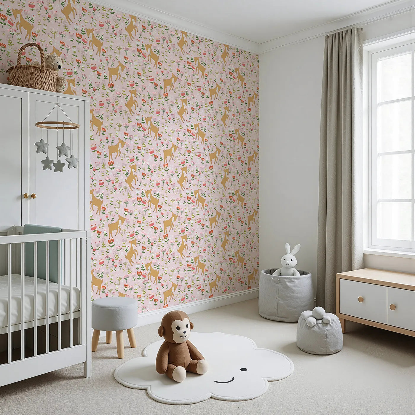 Angled view of Whimsy Tots' Spring Fawn Dance Wallpaper in Petal Pink (W3064B).Happy fawns leap among soft pink flowers in a field of springtime dreams.