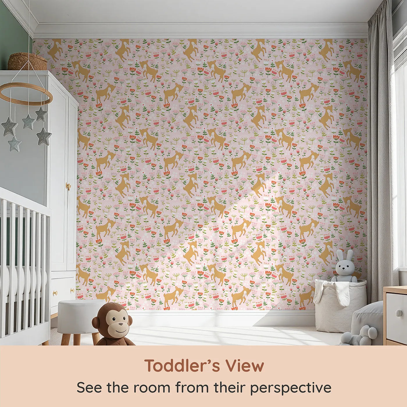Whimsy Tots Spring Fawn Dance Wallpaper in Petal Pink (W3064B) from your child's view.Happy fawns leap among soft pink flowers in a field of springtime dreams.