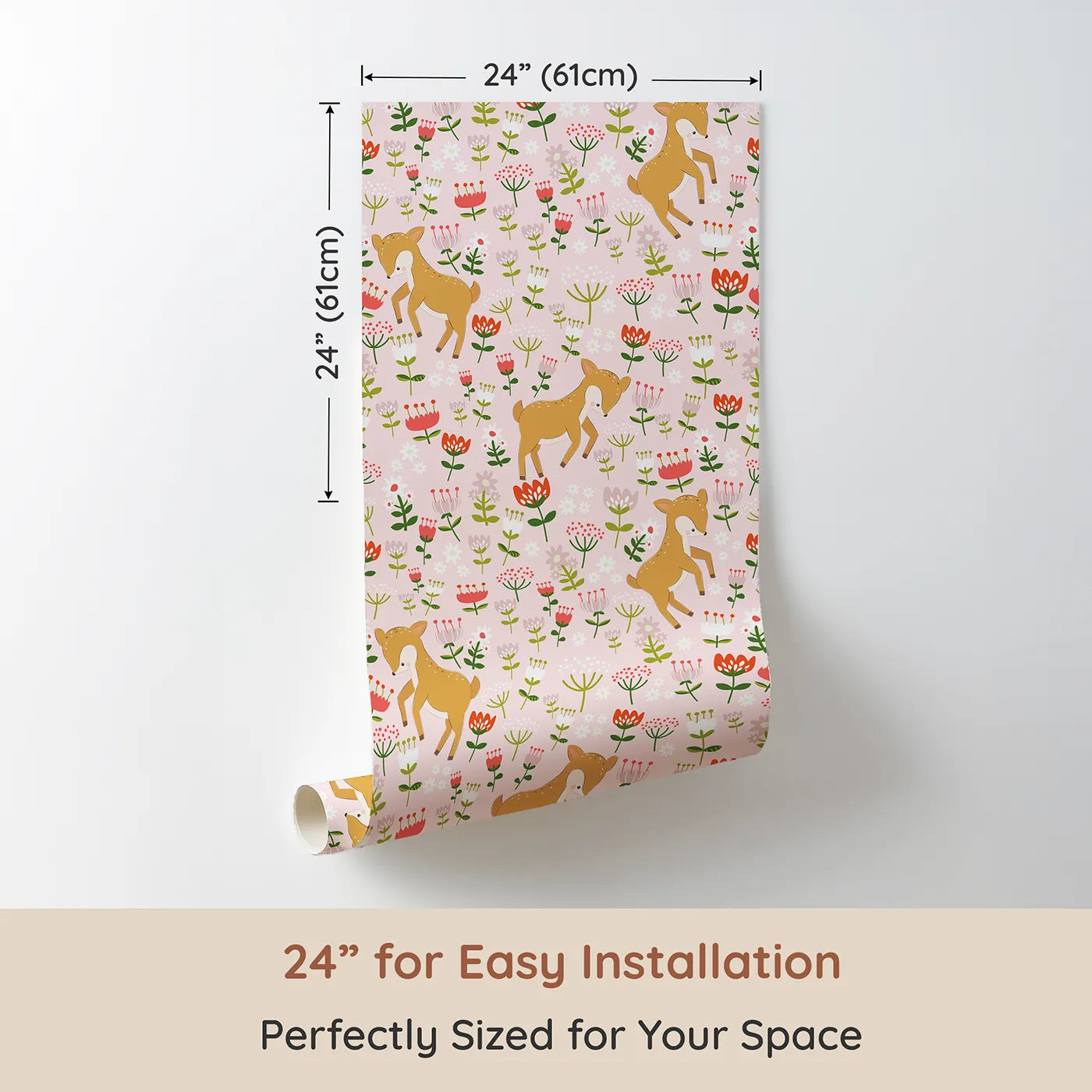 Dimension view of Whimsy Tots Spring Fawn Dance Wallpaper in Petal Pink (W3064B). Printed in 24-inch-wide panel for easy installation. Happy fawns leap among soft pink flowers in a field of springtime dreams.