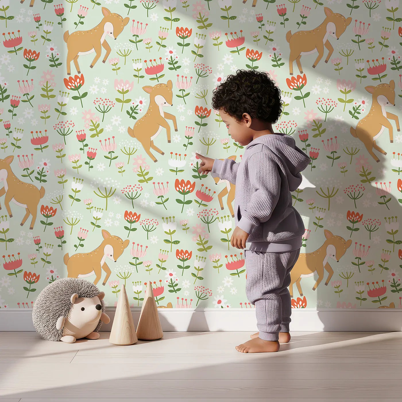 Lovely child standing in front of Whimsy Tots Spring Fawn Dance Wallpaper in Mint Meadow Green with deer, flower, meadow, tulip in design.