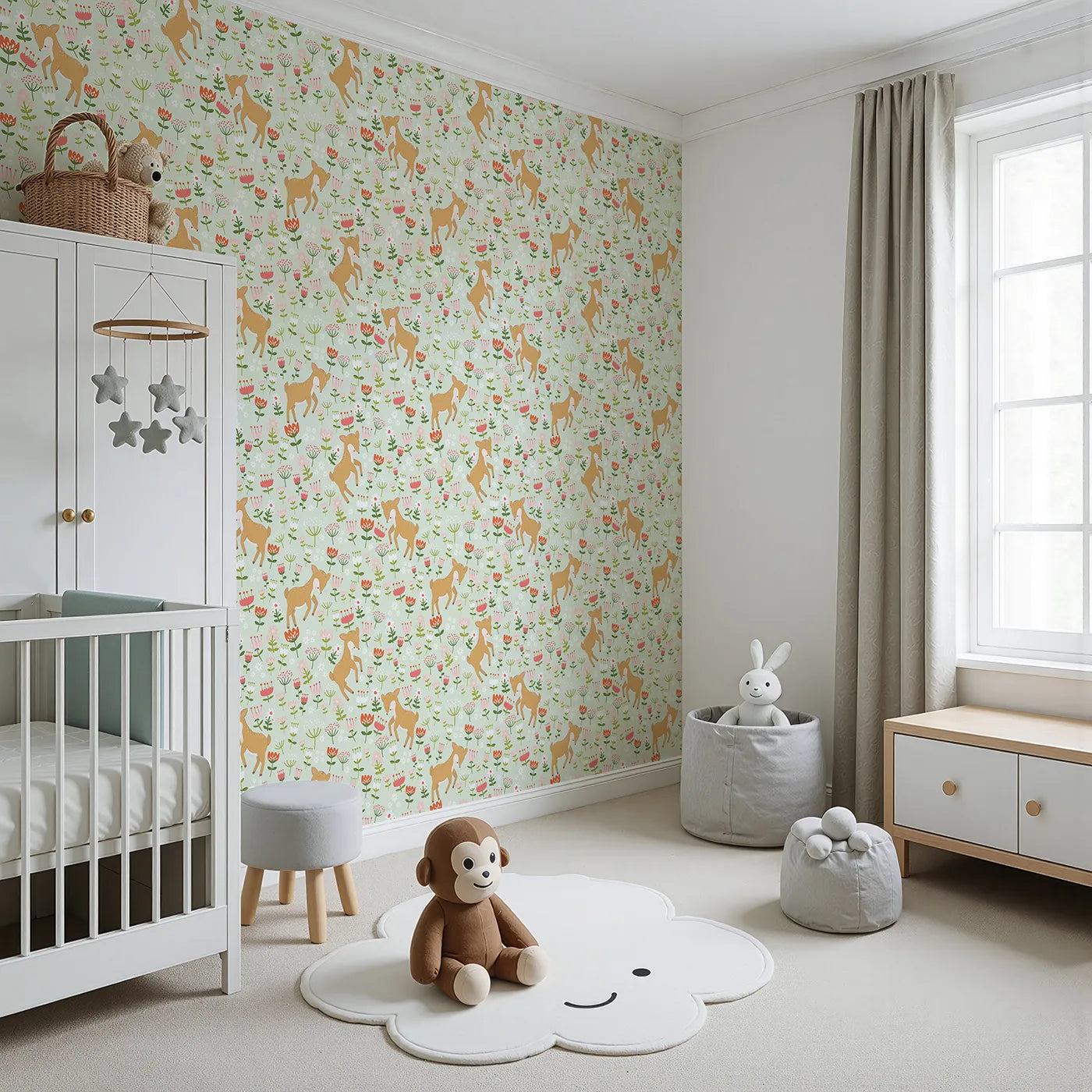 Angled view of Whimsy Tots' Spring Fawn Dance Wallpaper in Mint Meadow Green (W3064C).Delicate flowers and joyful fawns create a minty-fresh forest escape.