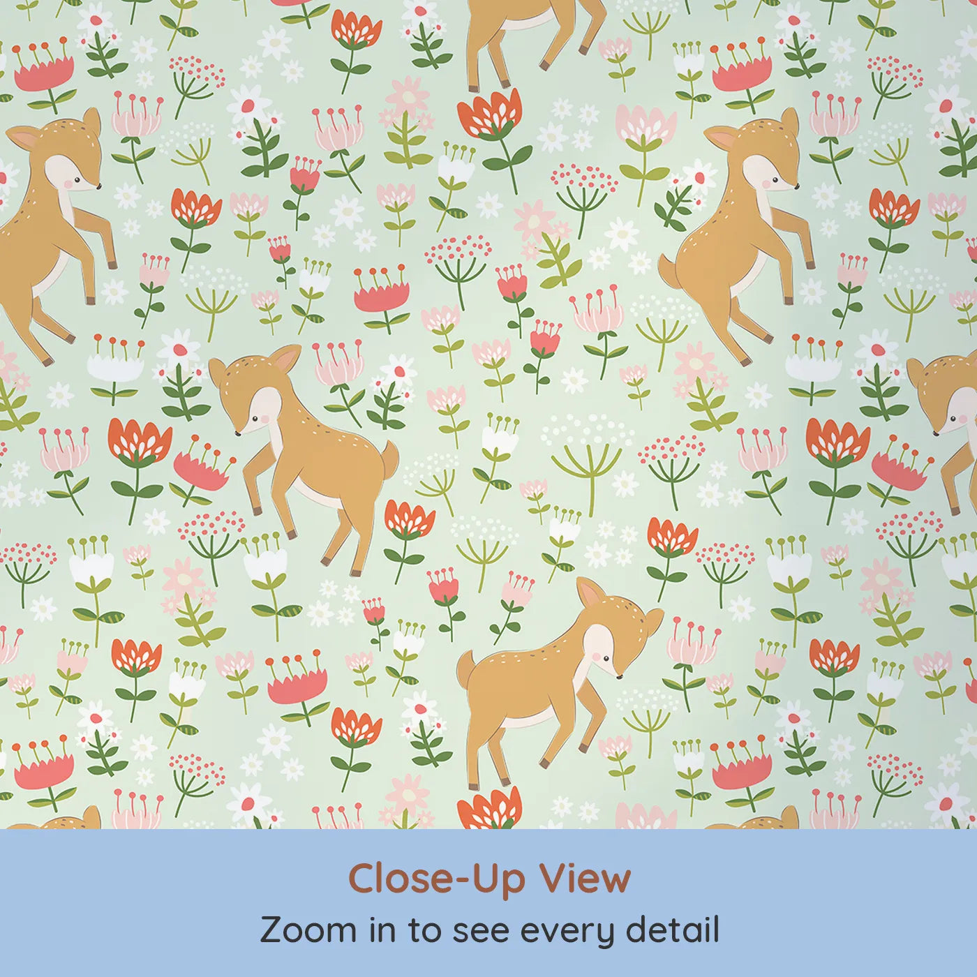 Close-up view of Whimsy Tots' Spring Fawn Dance Wallpaper in Mint Meadow Green (W3064C).Delicate flowers and joyful fawns create a minty-fresh forest escape.