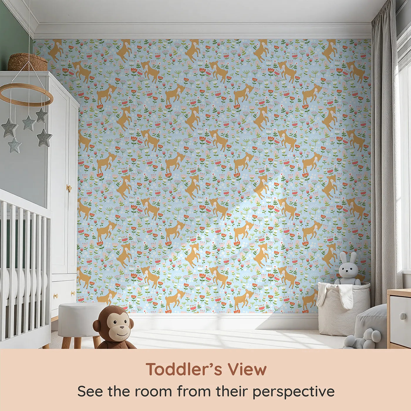 Whimsy Tots Spring Fawn Dance Wallpaper in Sky Blue (W3064D) from your child's view.Cheerful fawns and dancing flowers turn their walls into a blue-sky spring day.