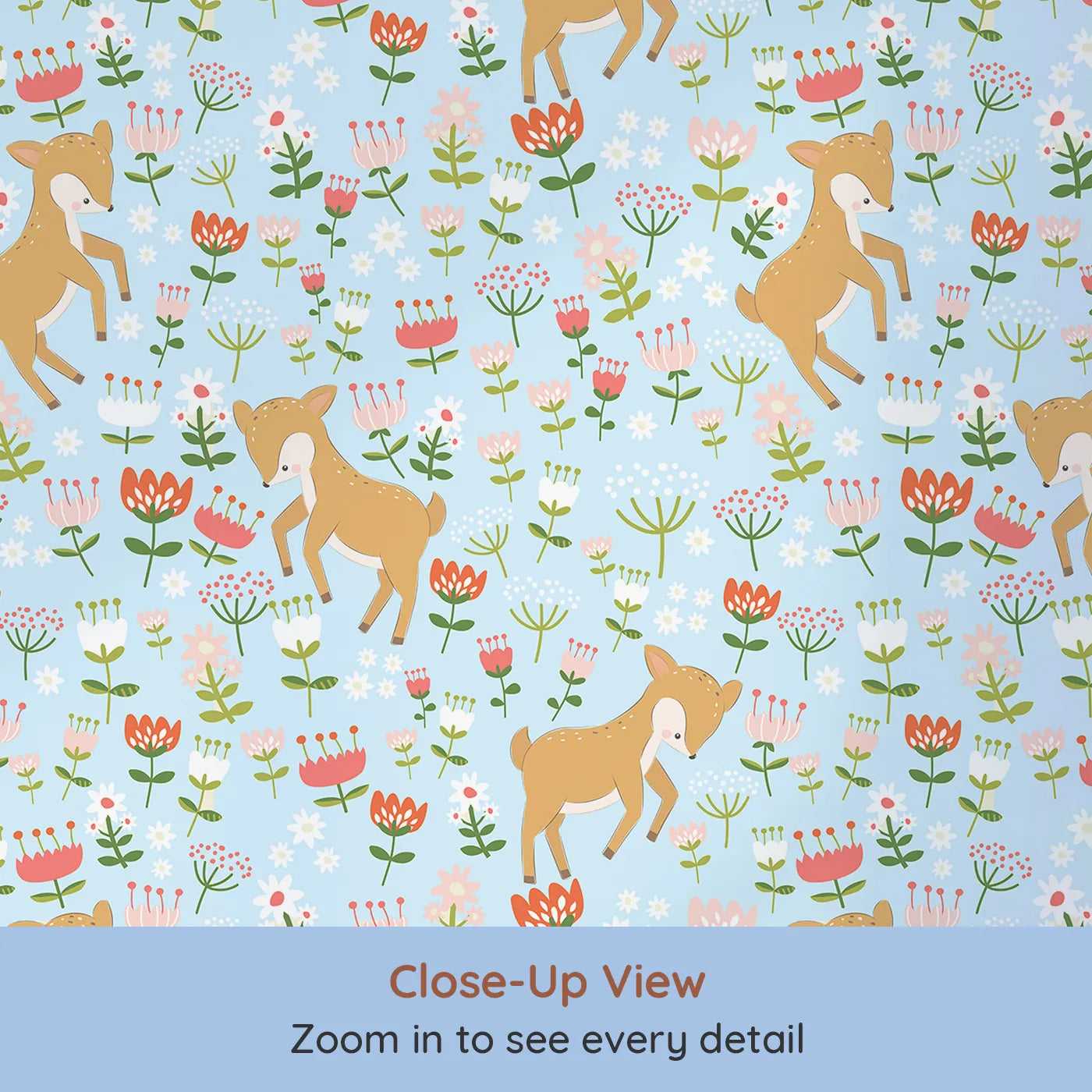 Close-up view of Whimsy Tots' Spring Fawn Dance Wallpaper in Sky Blue (W3064D).Cheerful fawns and dancing flowers turn their walls into a blue-sky spring day.