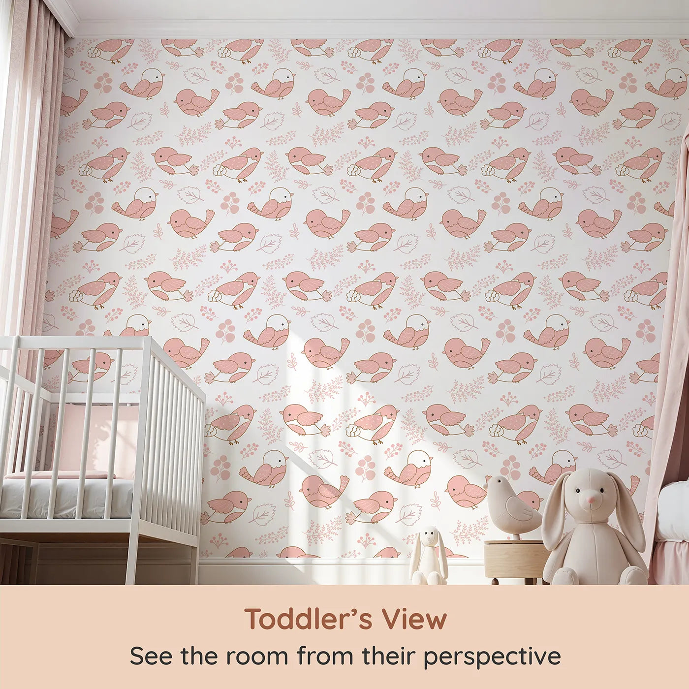 Whimsy Tots Tweetheart Meadow Wallpaper in Blush Pink (W3065A) from your child's view.Cheerful blush birds and soft florals create a playful, gentle nook.