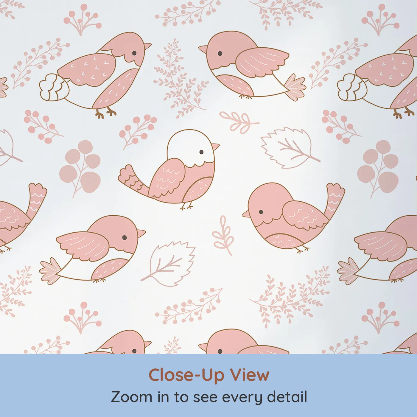 Close-up view of Whimsy Tots' Tweetheart Meadow Wallpaper in Blush Pink (W3065A).Cheerful blush birds and soft florals create a playful, gentle nook.