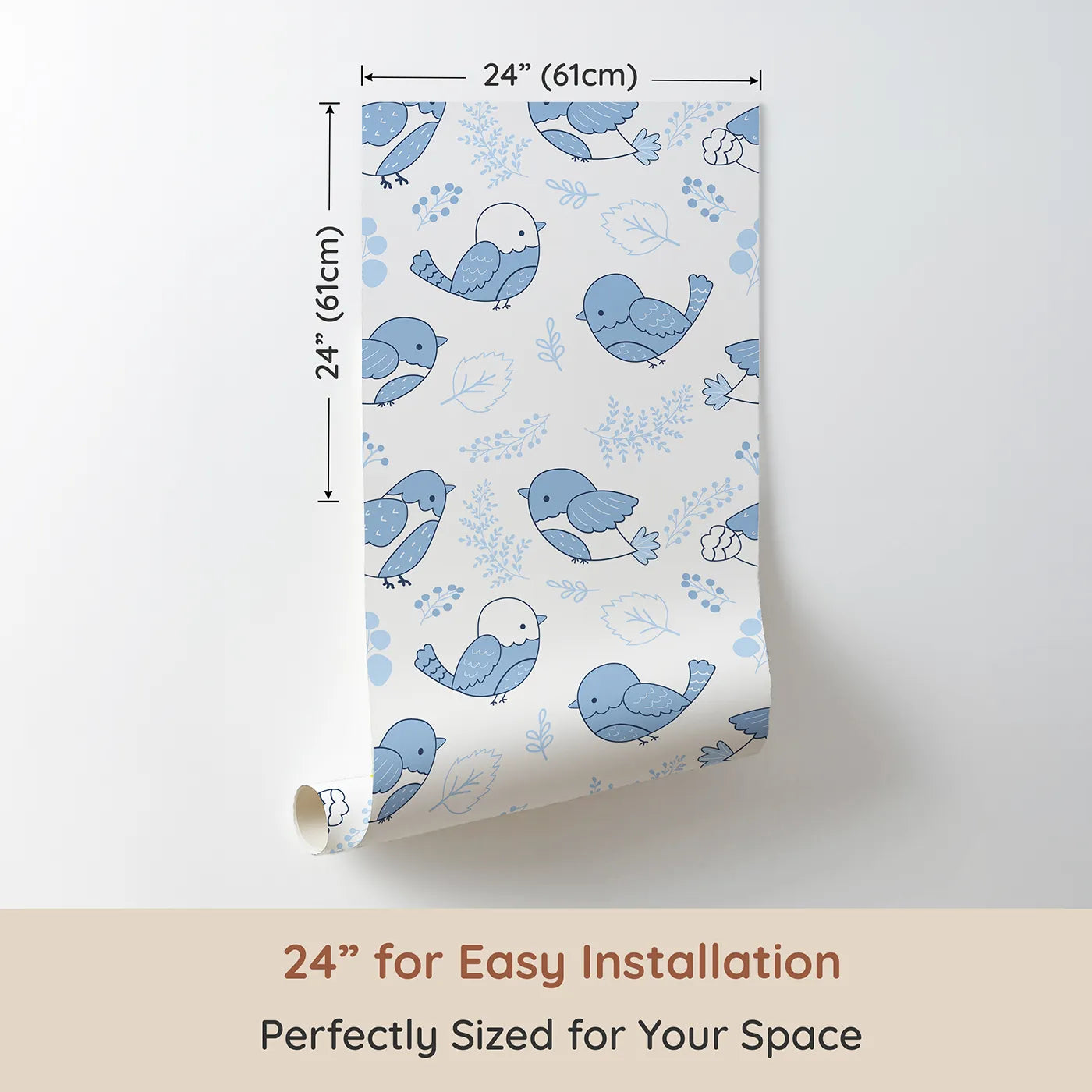 Dimension view of Whimsy Tots Tweetheart Meadow Wallpaper in Blue (W3065B). Printed in 24-inch-wide panel for easy installation. Friendly blue birds flit through soft leaves and wild berries.