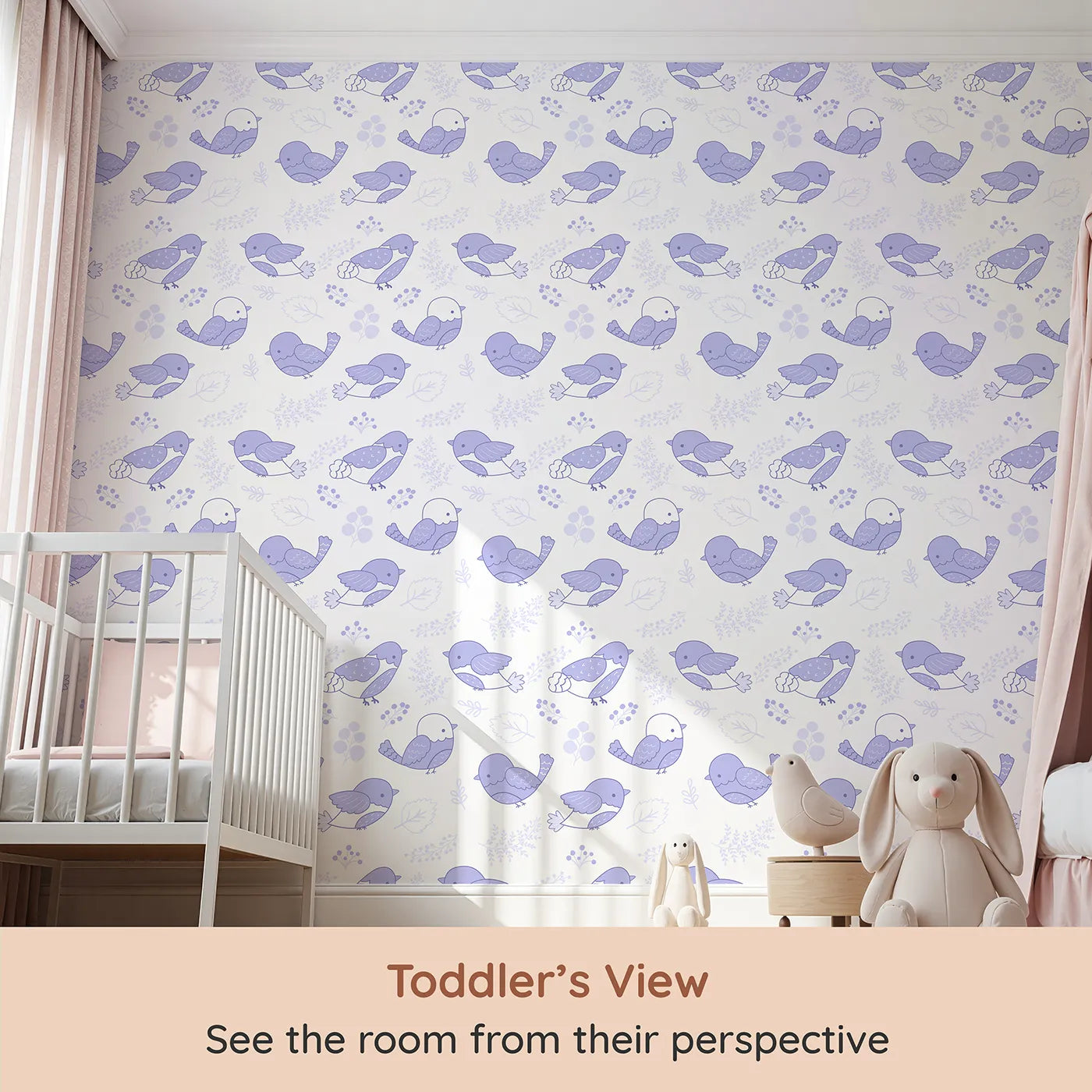 Whimsy Tots Tweetheart Meadow Wallpaper in Purple (W3065D) from your child's view.Gentle purple birds flutter through soft forest sprigs and berries.