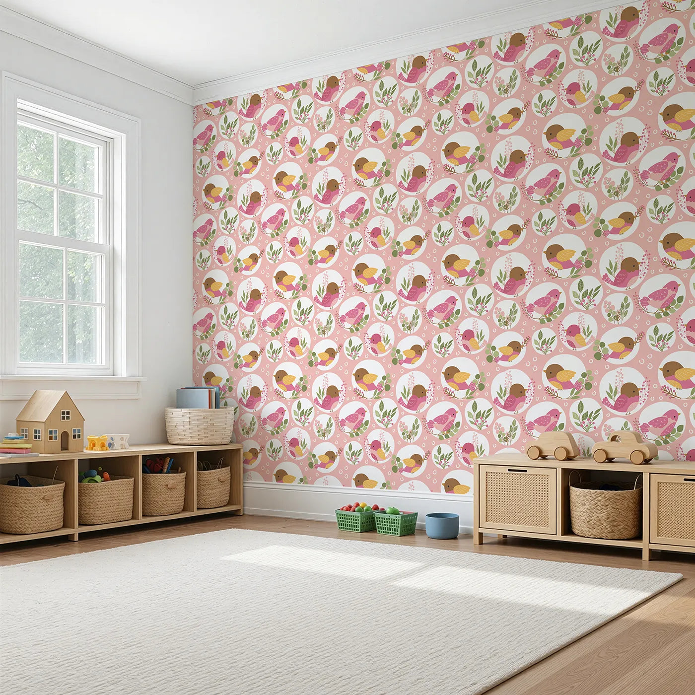 Angled view of Whimsy Tots' Garden Songbird Parade Wallpaper in Blush Pink (W3066A).Bright little birds perch among berries and leaves in a joyful pink display.