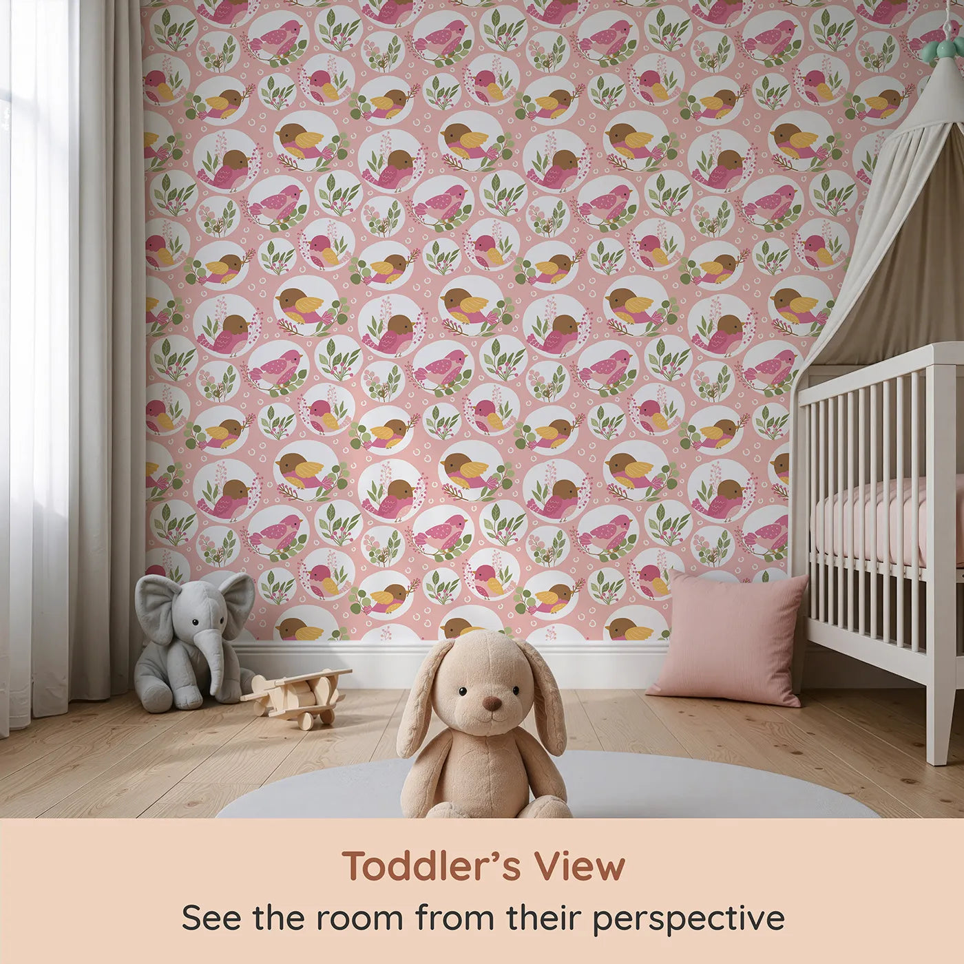 Whimsy Tots Garden Songbird Parade Wallpaper in Blush Pink (W3066A) from your child's view.Bright little birds perch among berries and leaves in a joyful pink display.