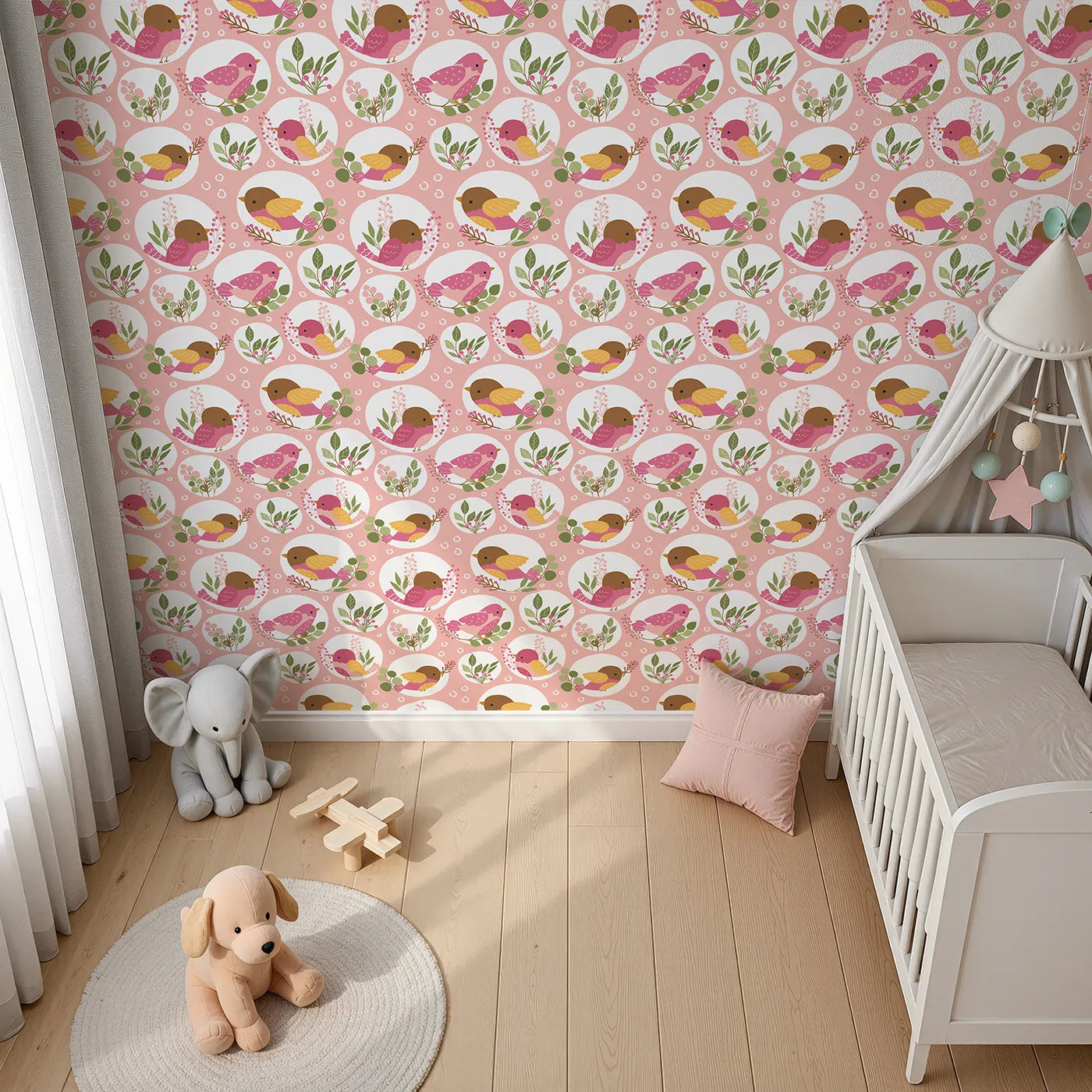Top-Down view of Whimsy Tots' Garden Songbird Parade Wallpaper in Blush Pink (W3066A).Bright little birds perch among berries and leaves in a joyful pink display.