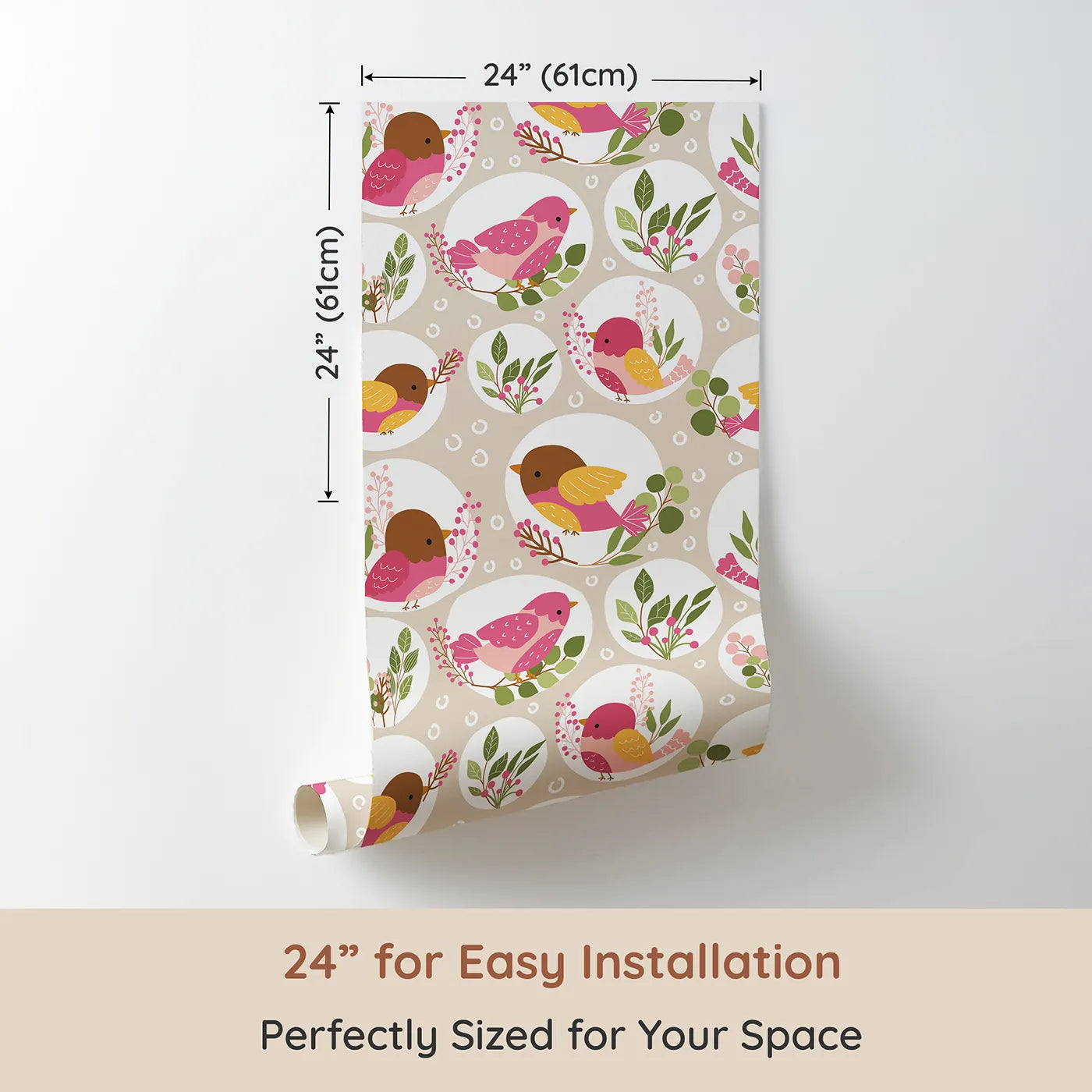 Dimension view of Whimsy Tots Garden Songbird Parade Wallpaper in Beige (W3066B). Printed in 24-inch-wide panel for easy installation. Sweet garden birds sing from soft beige branches and berry sprigs.