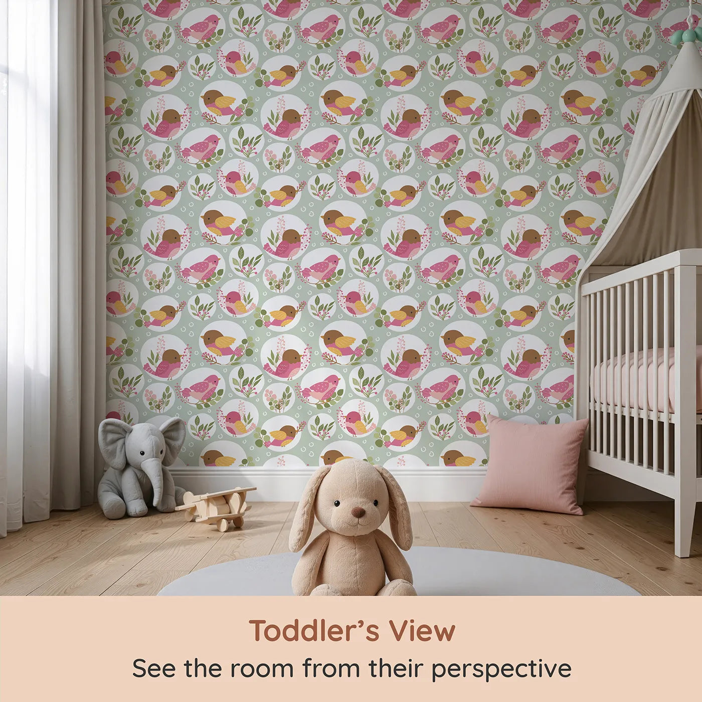Whimsy Tots Garden Songbird Parade Wallpaper in Green (W3066C) from your child's view.Playful birds and lush green sprigs fill the space with nature’s melody.