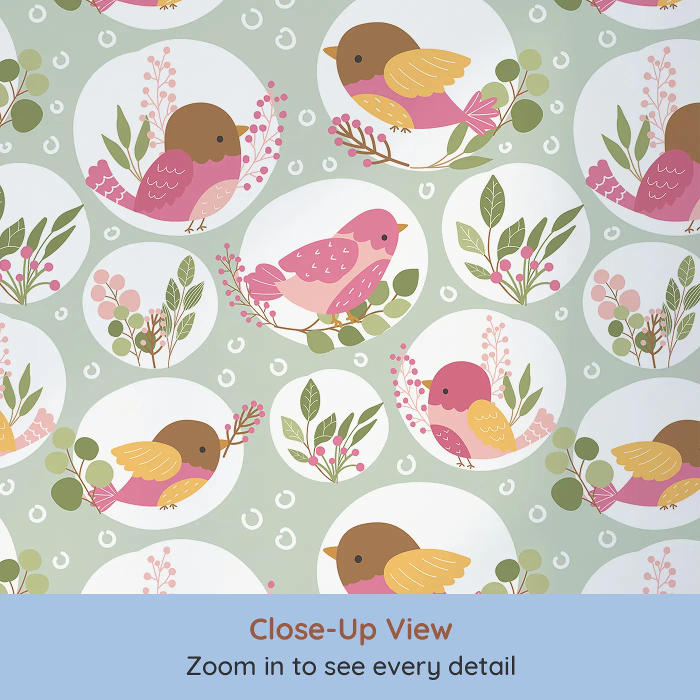 Close-up view of Whimsy Tots' Garden Songbird Parade Wallpaper in Green (W3066C).Playful birds and lush green sprigs fill the space with nature’s melody.